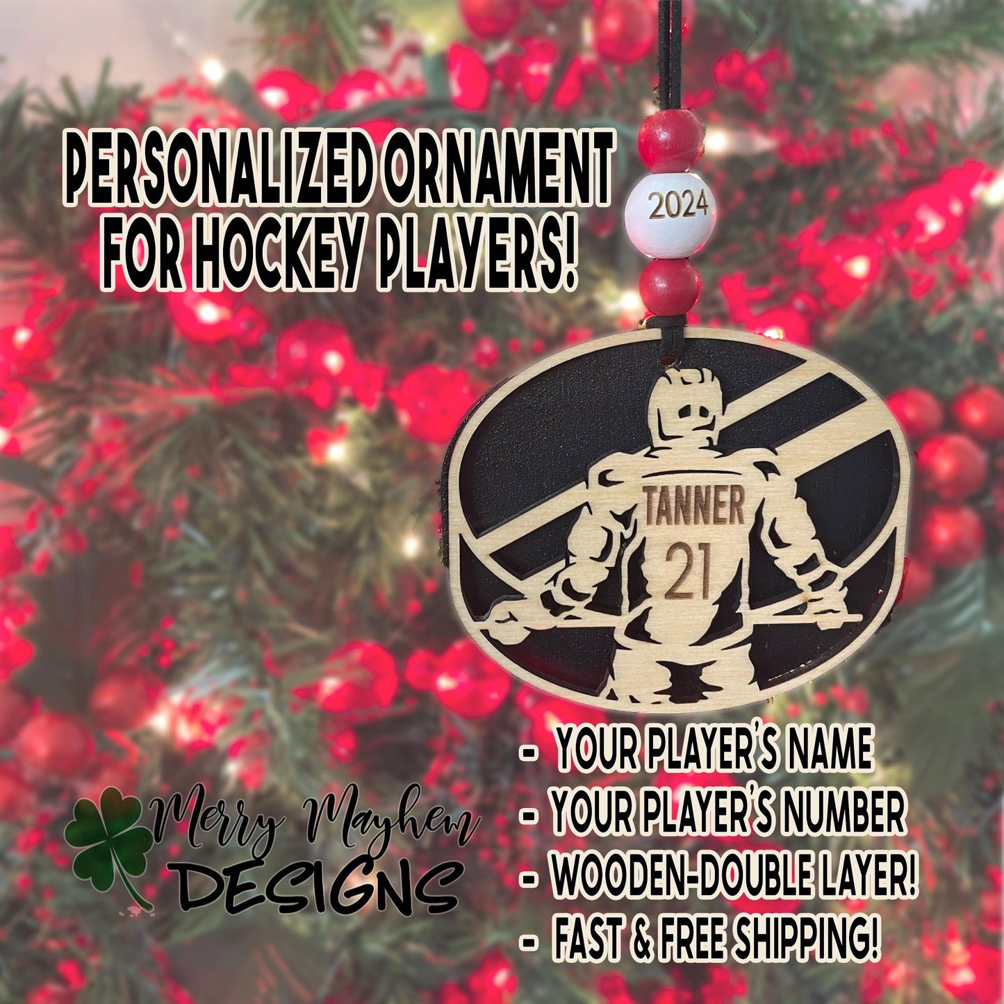 Custom Hockey Ornament – Laser-Engraved Player Name, Number & Position | Holiday Gift or Team Recognition