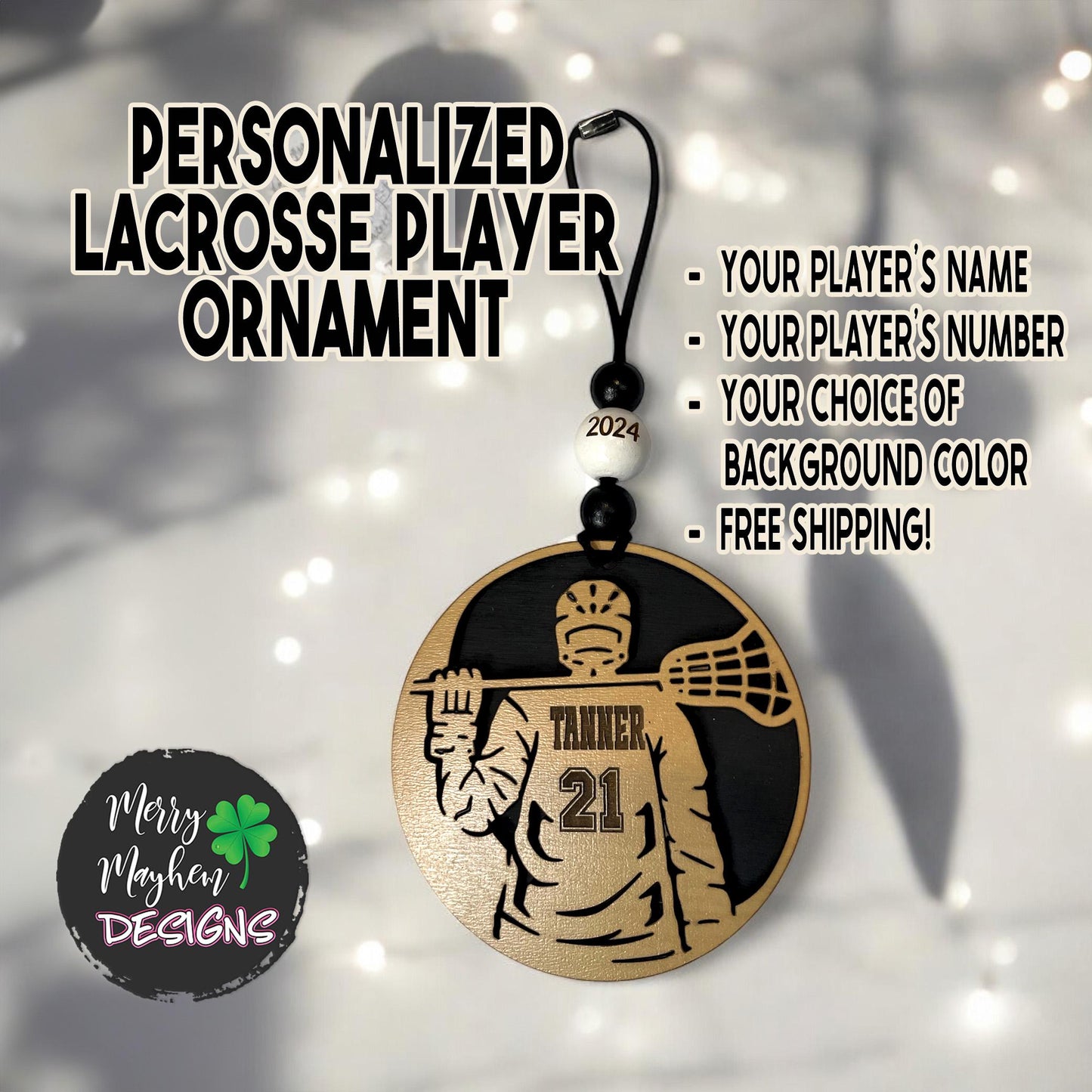 Custom Lacrosse Player Ornament 2025 – Engraved Wood Gift for Coaches, Athletes & Team Recognition