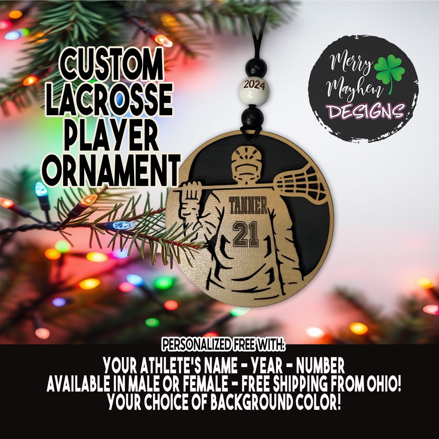 Custom Lacrosse Player Ornament 2025 – Engraved Wood Gift for Coaches, Athletes & Team Recognition