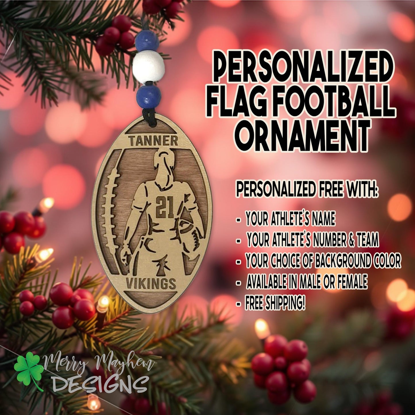 2025 Custom Flag Football Ornament – Personalized Player Gift with Team Colors & Number | Great for Coaches & Youth Teams