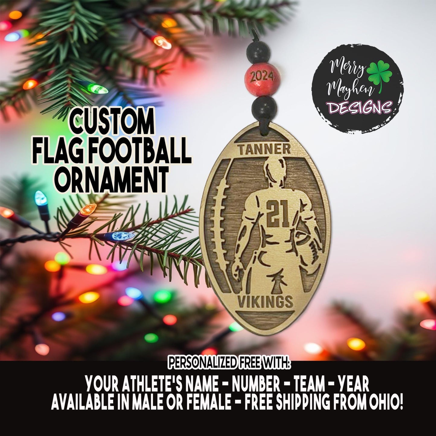 2025 Custom Flag Football Ornament – Personalized Player Gift with Team Colors & Number | Great for Coaches & Youth Teams