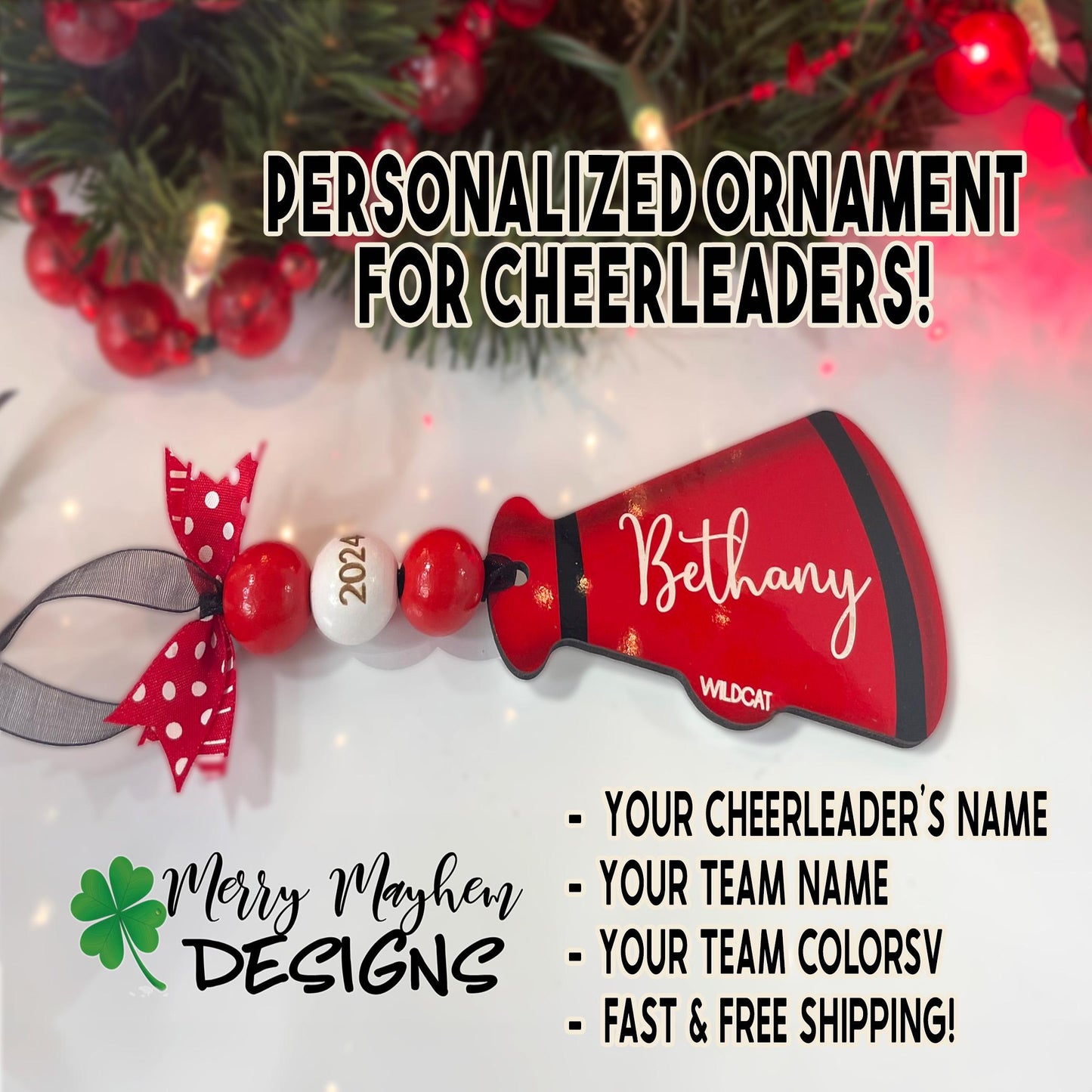 2025 Personalized Cheerleader Ornament – Custom Megaphone Keepsake with Name, Team & Year | Great Gift for Squad or Coach
