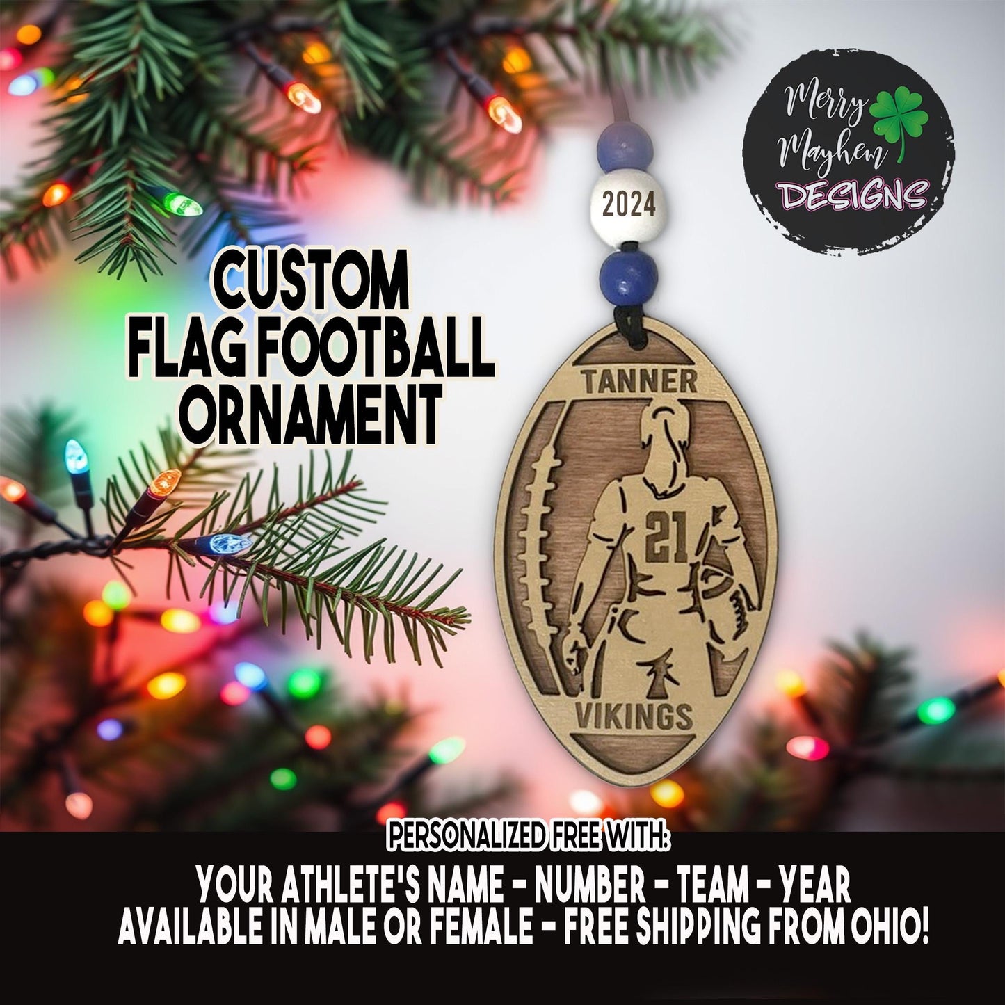 2025 Custom Flag Football Ornament – Personalized Player Gift with Team Colors & Number | Great for Coaches & Youth Teams