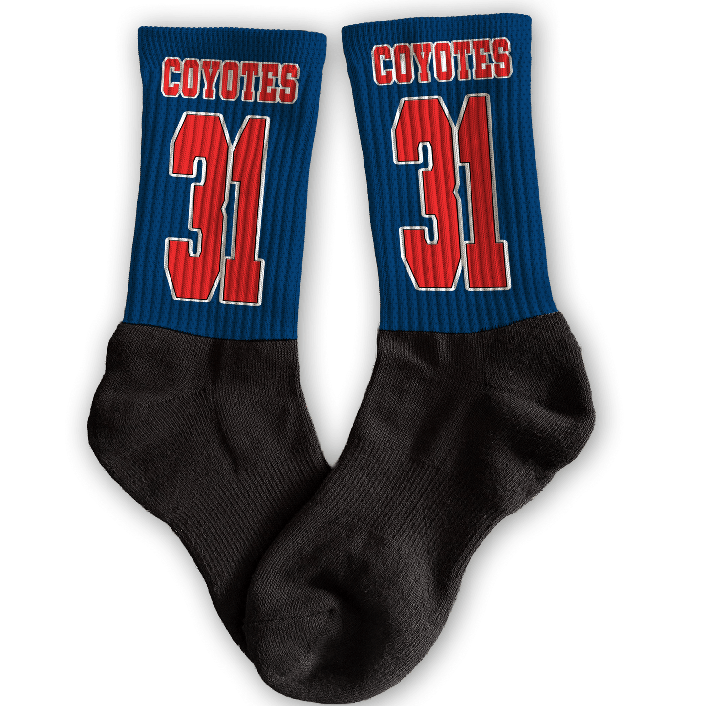 Custom blue and red crew socks with team mascot/logo, player number, and personalized team name.