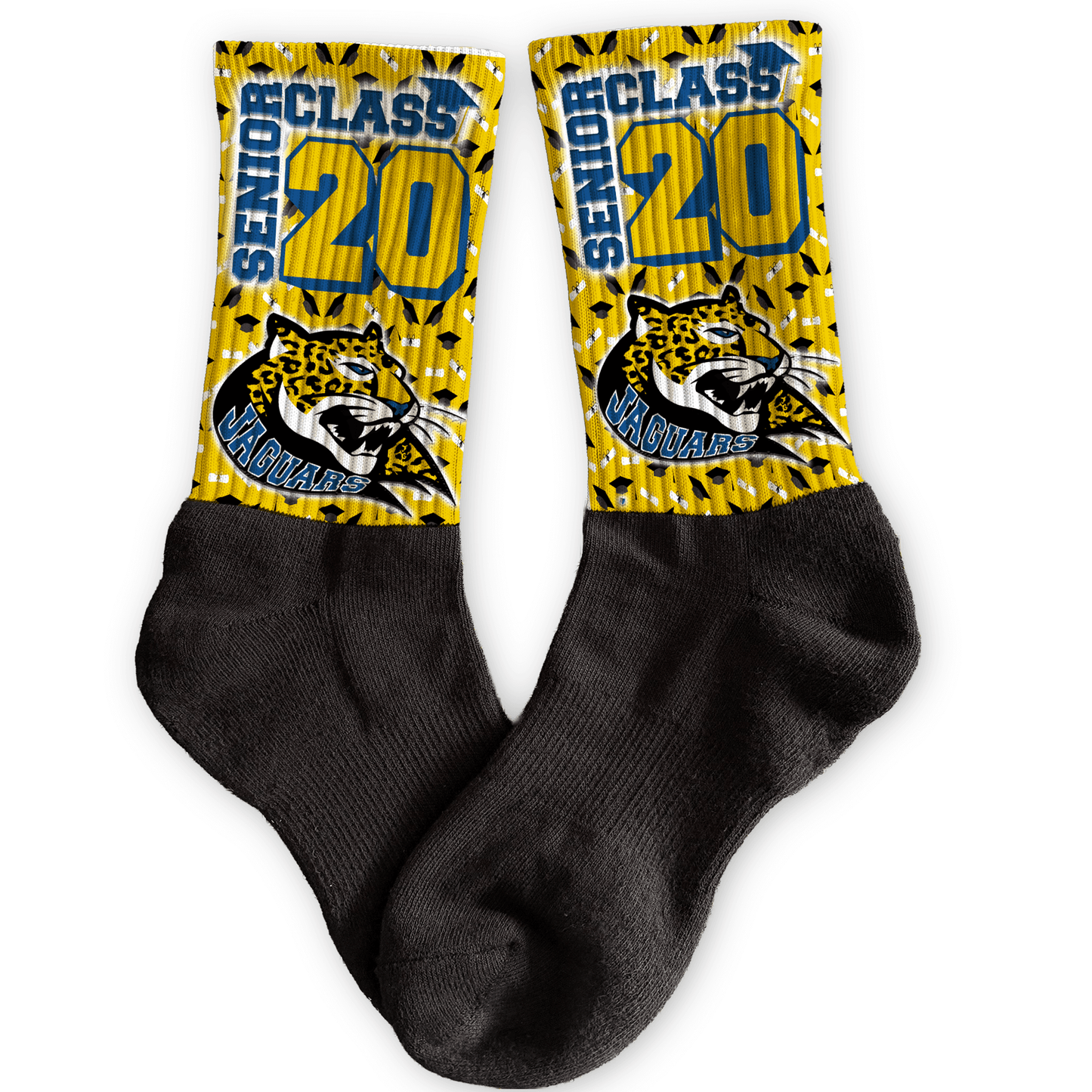 Personalized Black socks with yellow and blue Senior Class with year and mascot