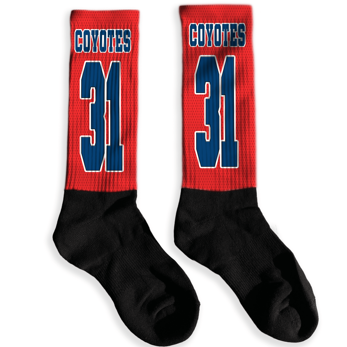 Pair of socks with team name and number on a colored background