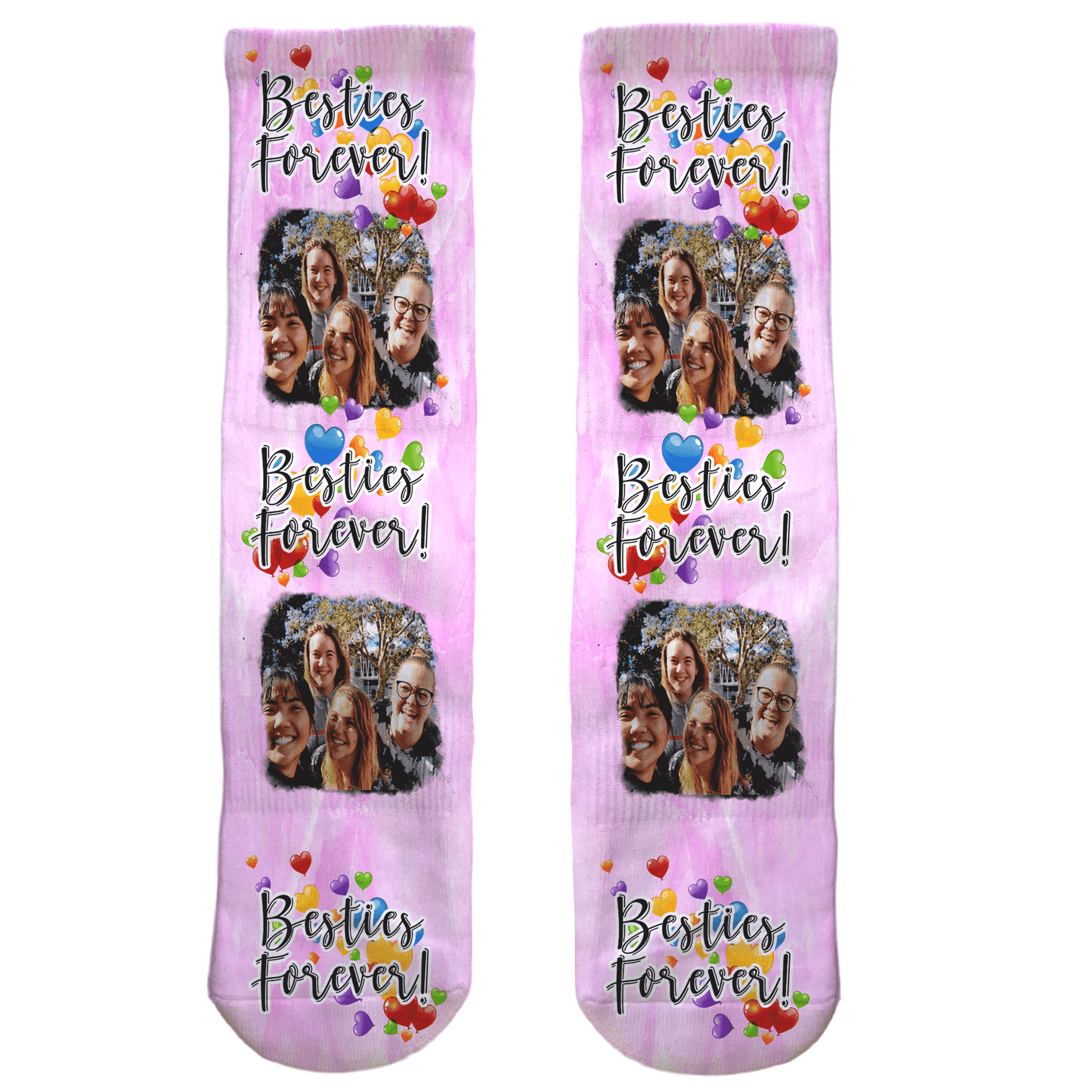 Pair of pink socks with 'Besties Forever!' text and photo collage on a white background
