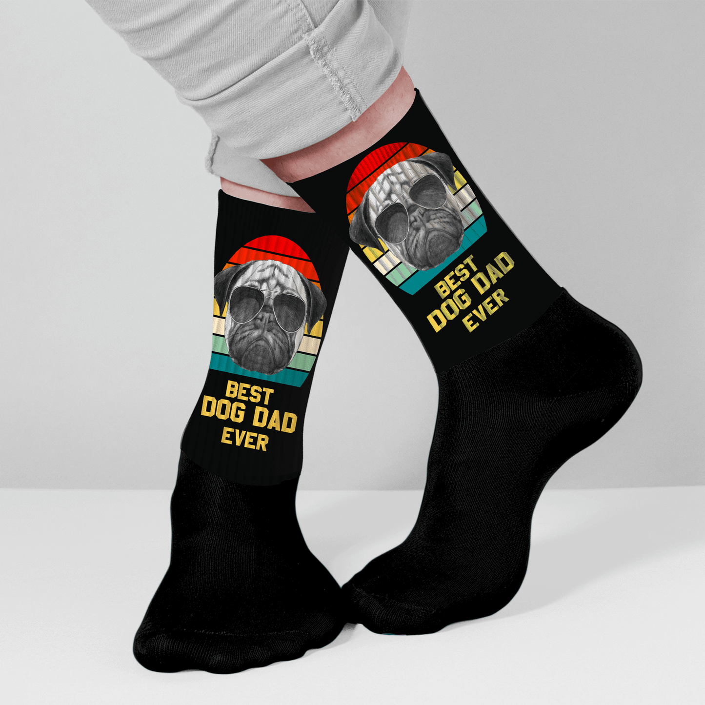 Best Dog Dad Ever crew socks with fun dog and retro design. Gift for dog lovers.