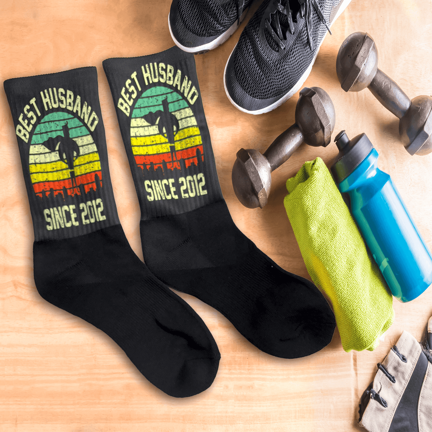 Best Husband Personalized Anniversary socks in a gym setting