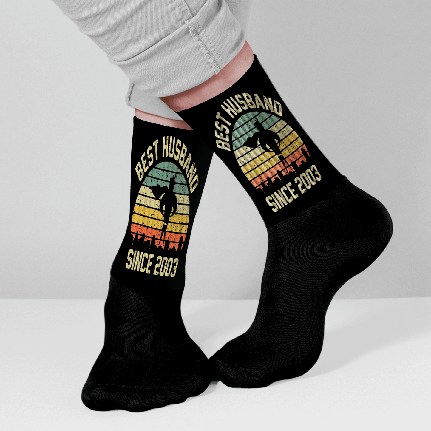 Black socks with 'Best Husband Since with your text and vintage design worn by a person.