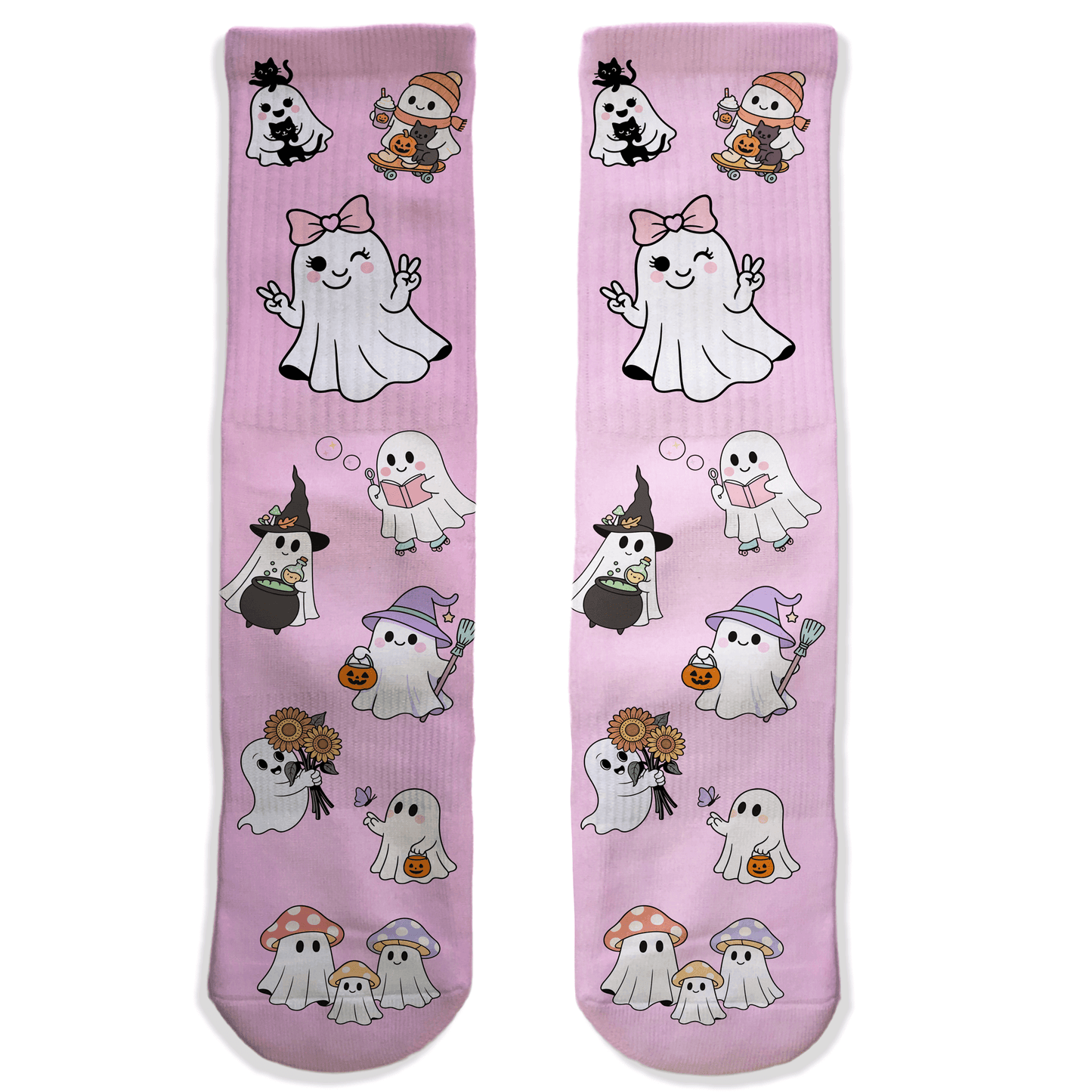 Pink Halloween socks with kawaii ghost characters, witches, mushrooms, and sunflowers. Fun novelty crew socks for spooky season.