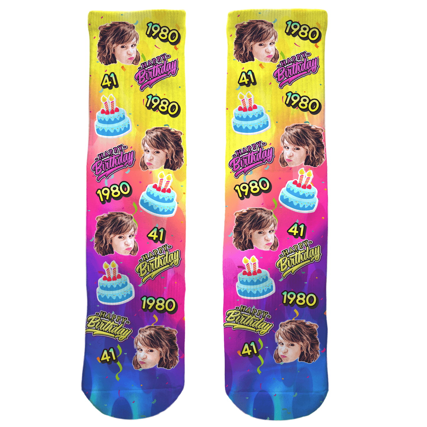 Two colorful socks with a birthday design and text on a white background