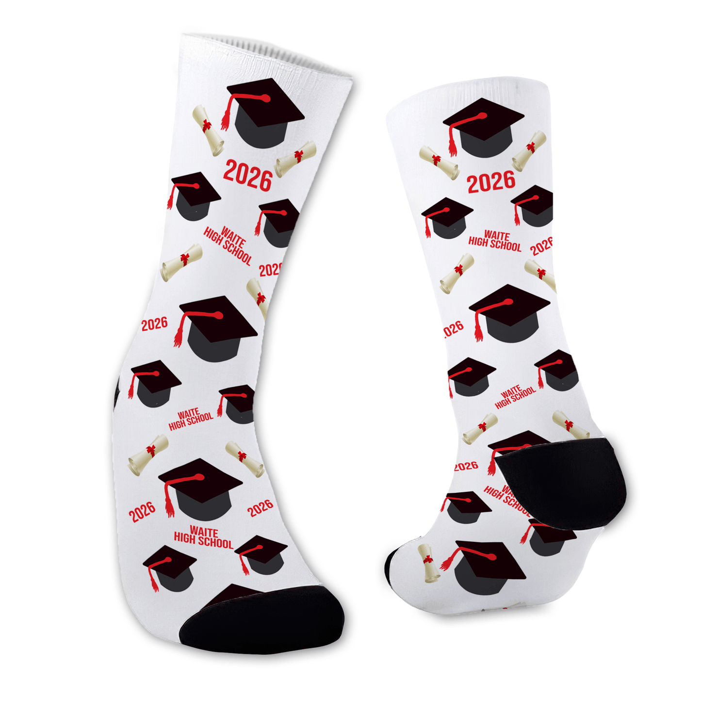 Graduation dress socks with caps, diplomas, school name, year, and custom tassel color. Personalized senior gift for graduation day.