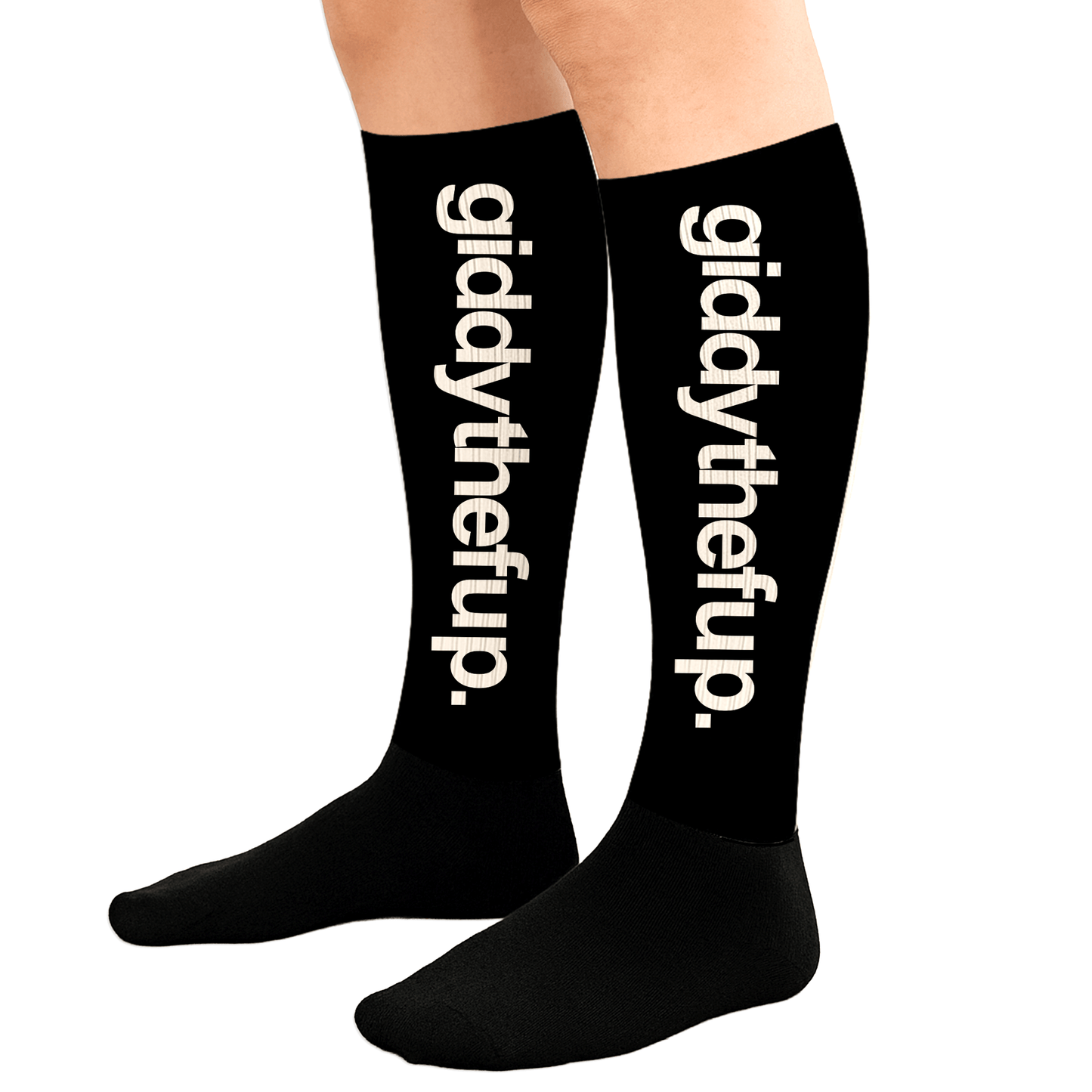Black knee-high socks with 'giddythefup.' text on a white background