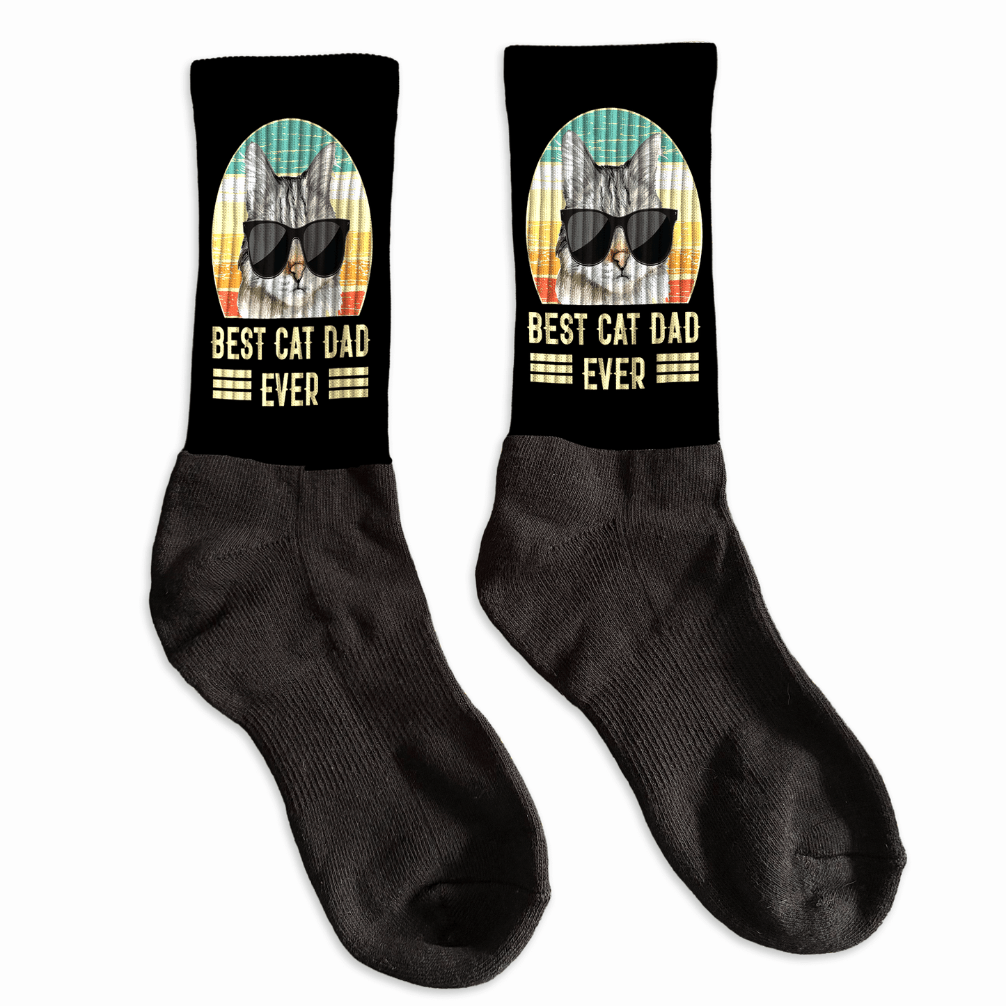 Black socks with a cat graphic and 'Best Cat Dad Ever' text