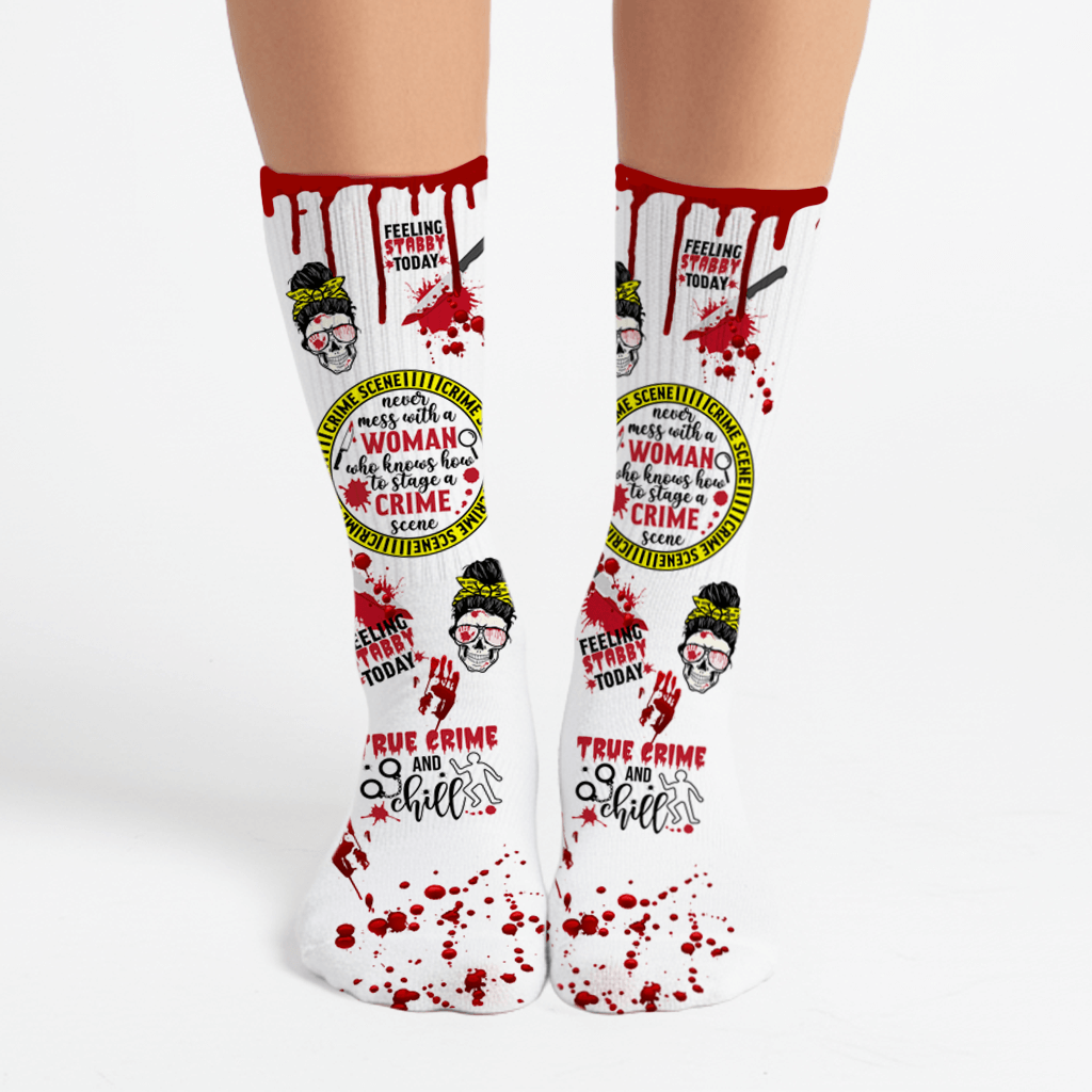 Crime Scene Queen crew socks with bold crime scene graphics, sassy sayings, skull girl, and red blood splatters. Funny socks for true crime fans.