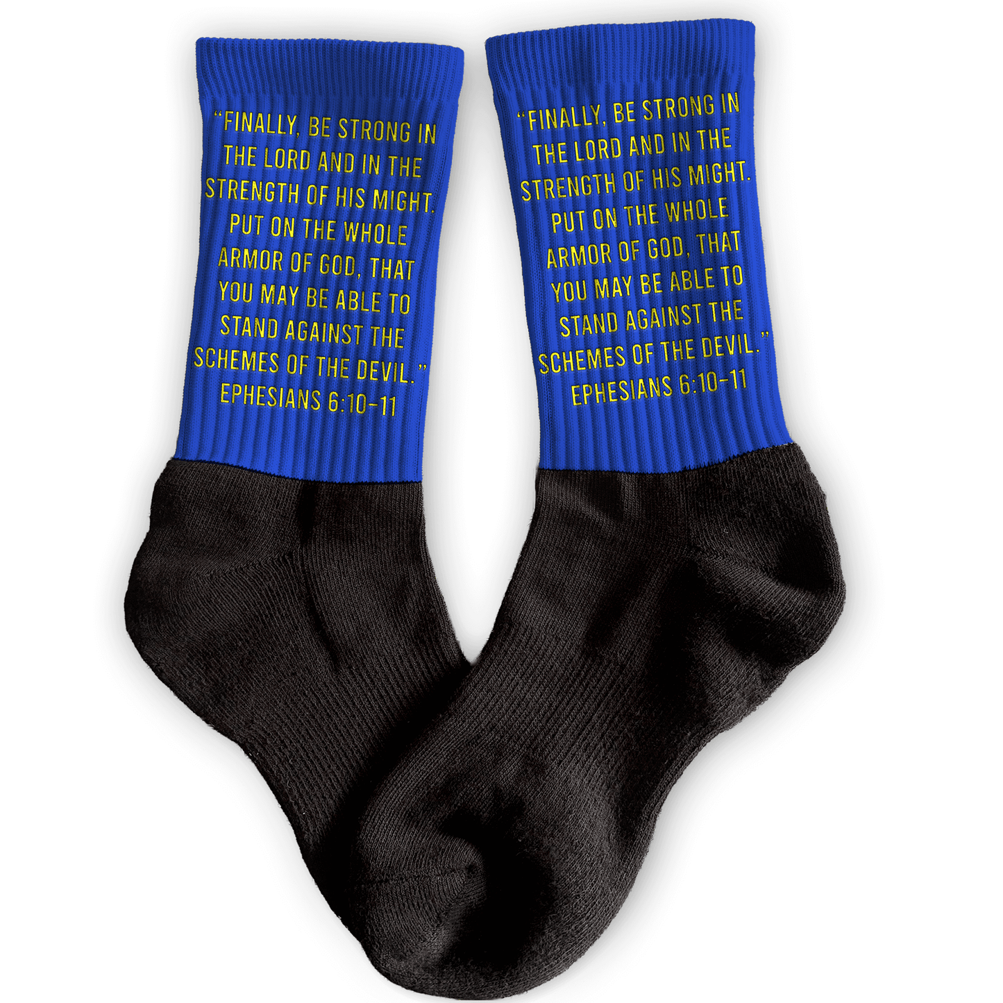 Black socks with blue cuffs featuring inspirational text on a white background