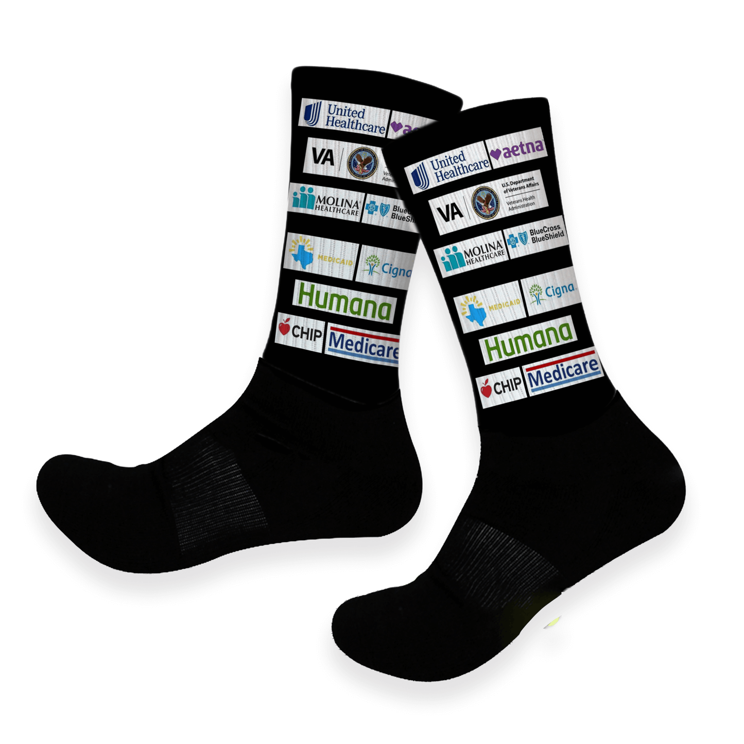 Custom crew socks featuring business logos, shop names, or team designs for branding and promotional gifts.