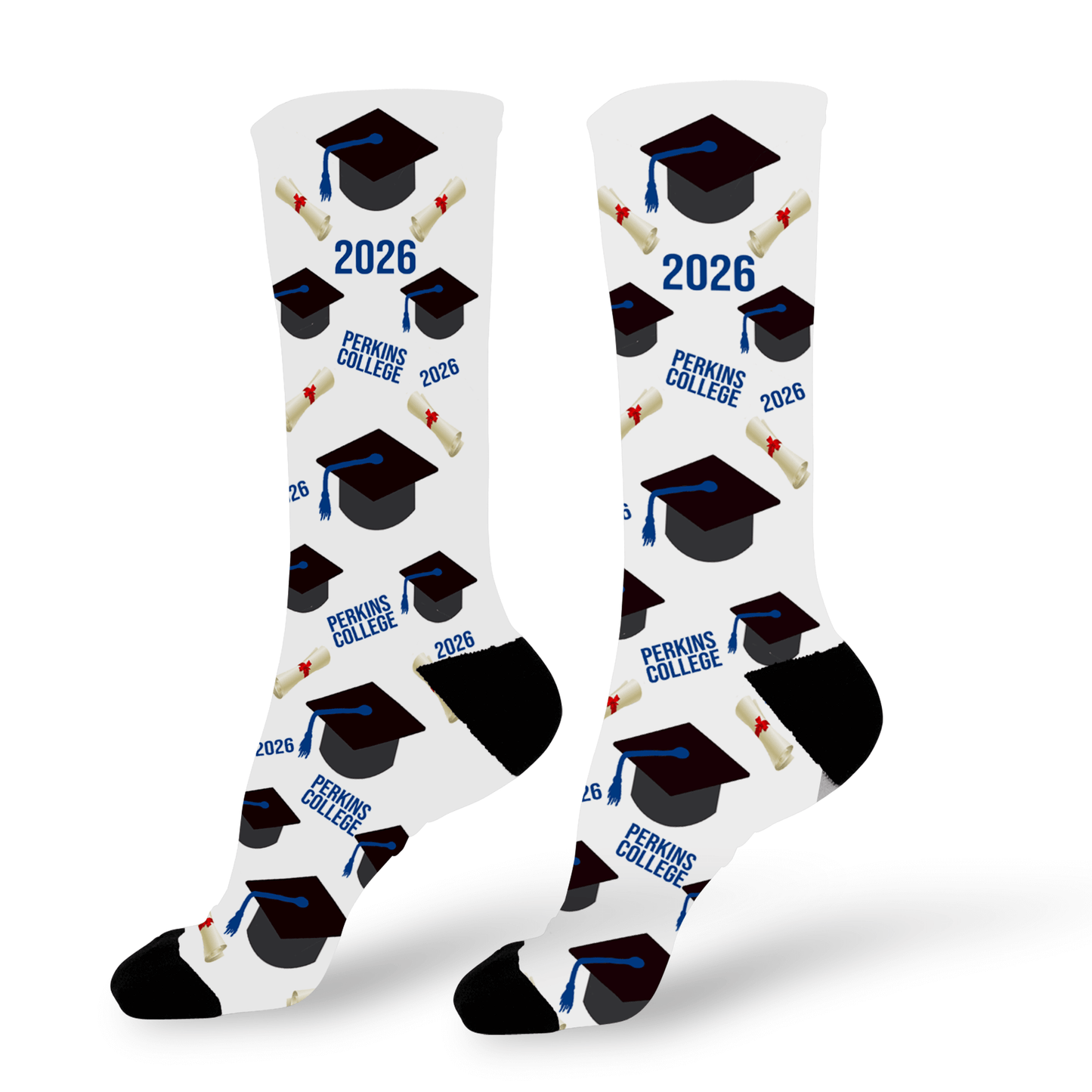Graduation-themed socks with caps, diplomas, and text with your school and year