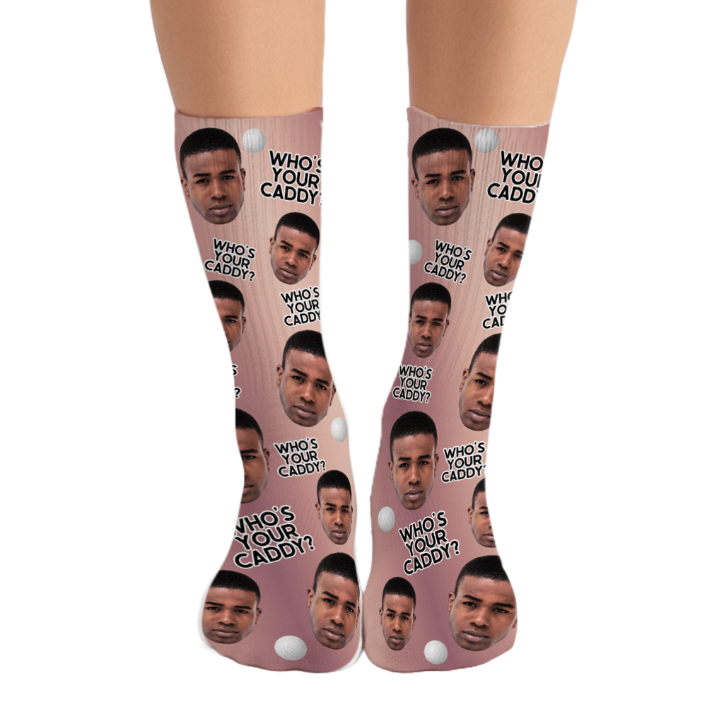 Socks with a printed design of a person's face and text on a white background