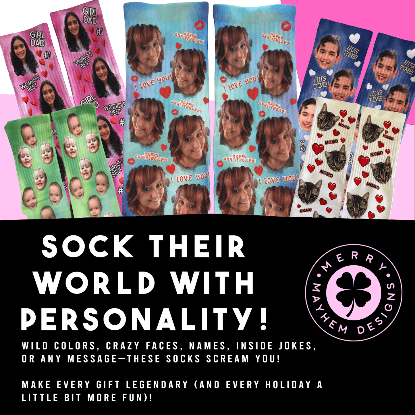 graphic showing several different socks created with various backgrounds, colors, messages and photos