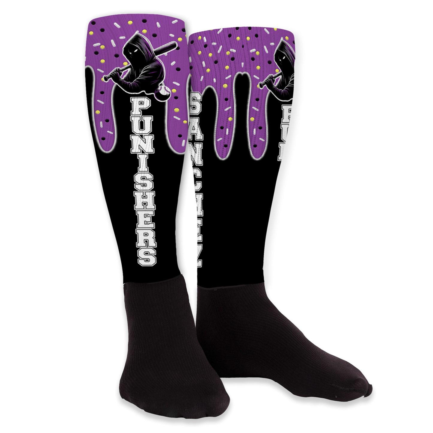 Custom ice cream drip knee-high socks with team logo, mascot, or name and solid black foot. Personalized colors for sports teams or events.