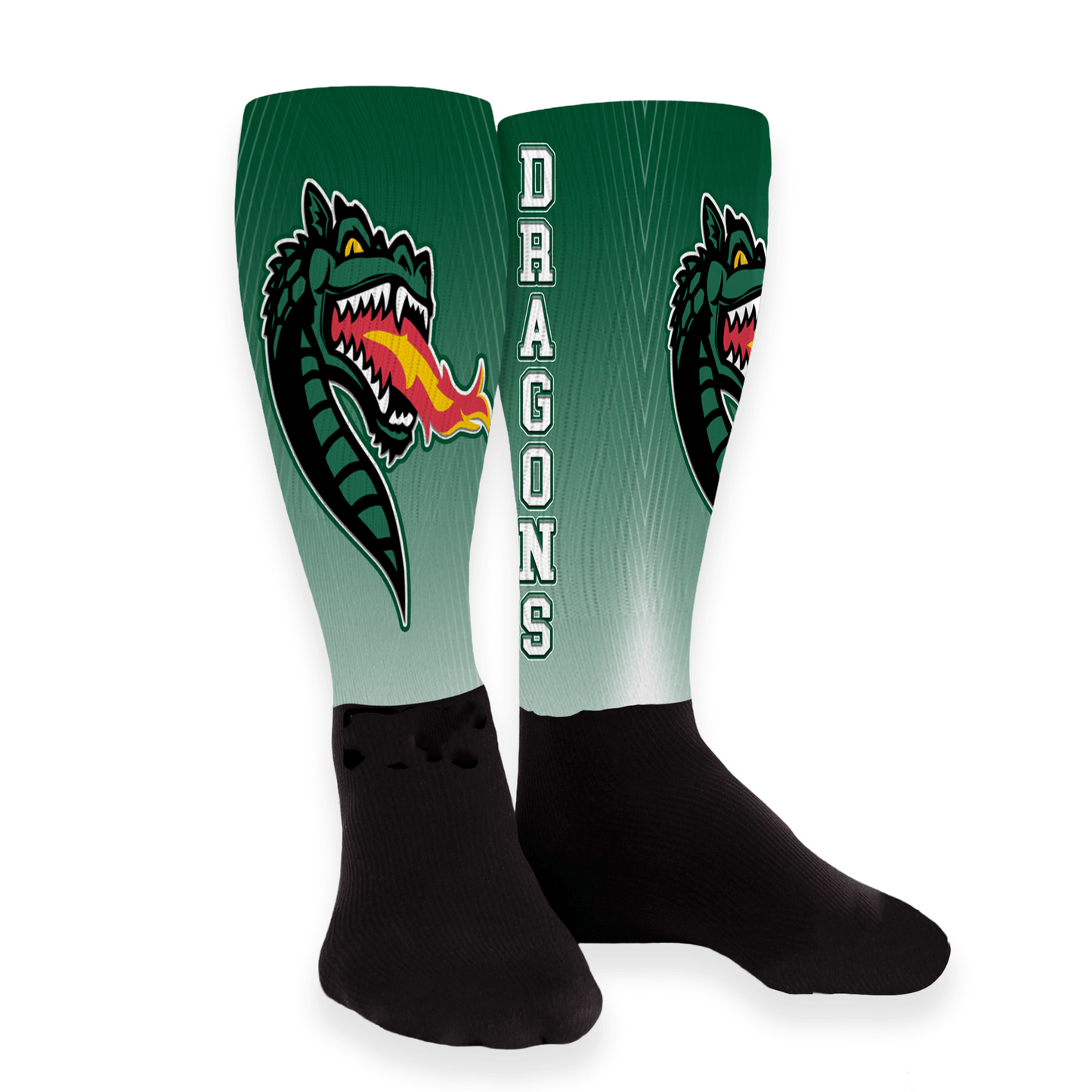 Green socks with dragon design and 'DRAGONS' text on a white background