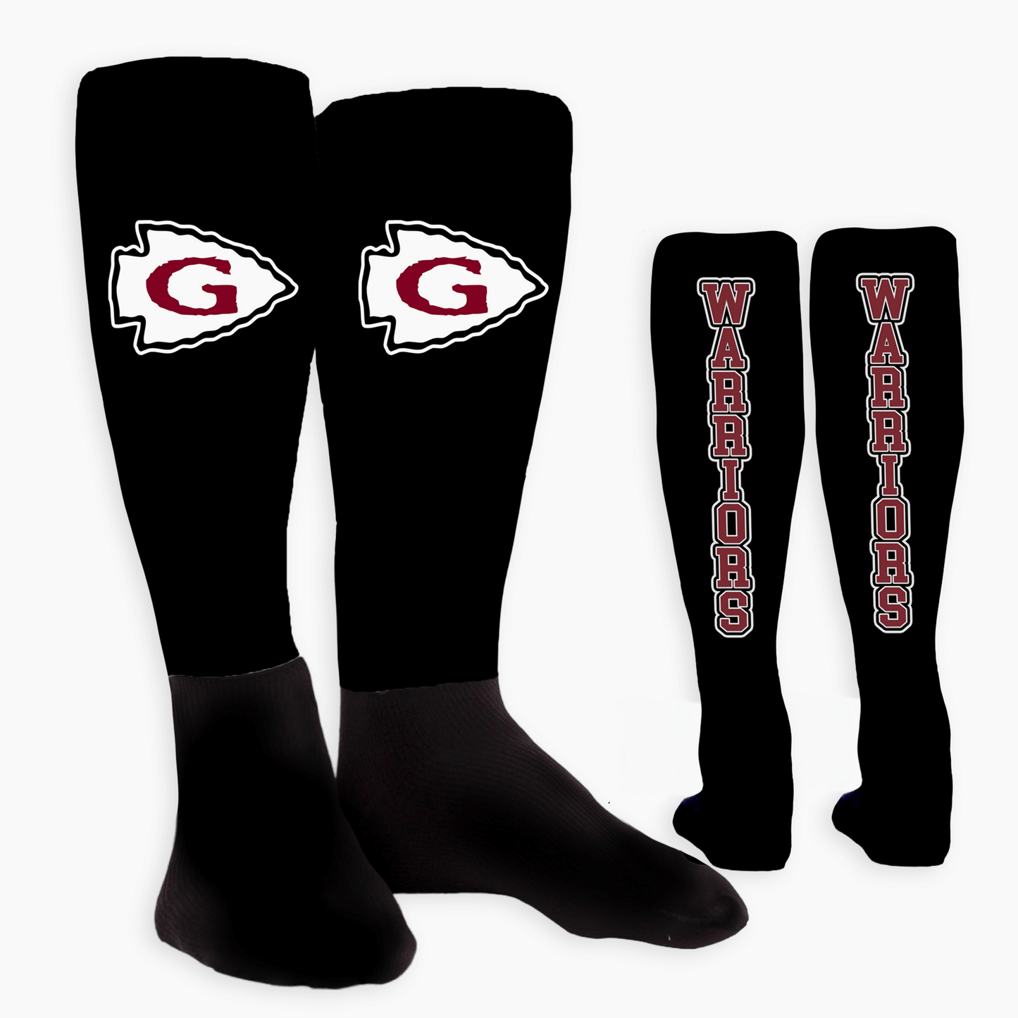 Black knee-high socks with logos and text on a white background