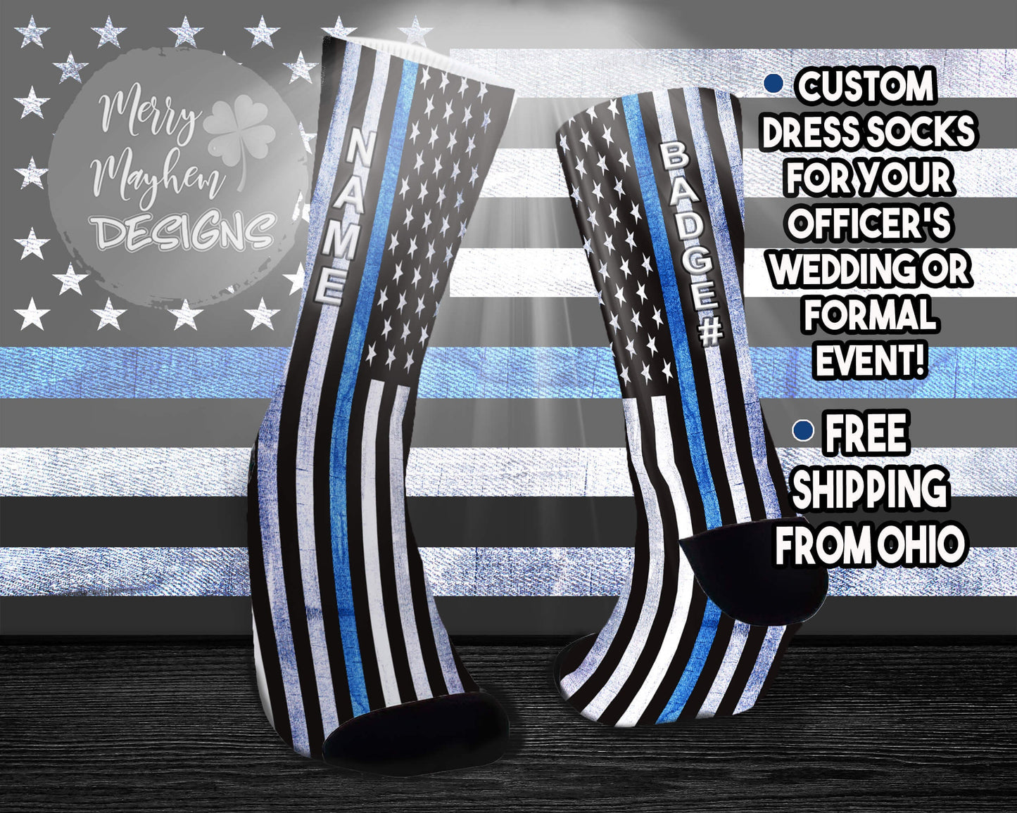 Personalized Thin Blue Line Flag Dress Socks for Groom Groomsmen, Customized Police Socks, Wedding Socks for Officers Law Enforcement Cops