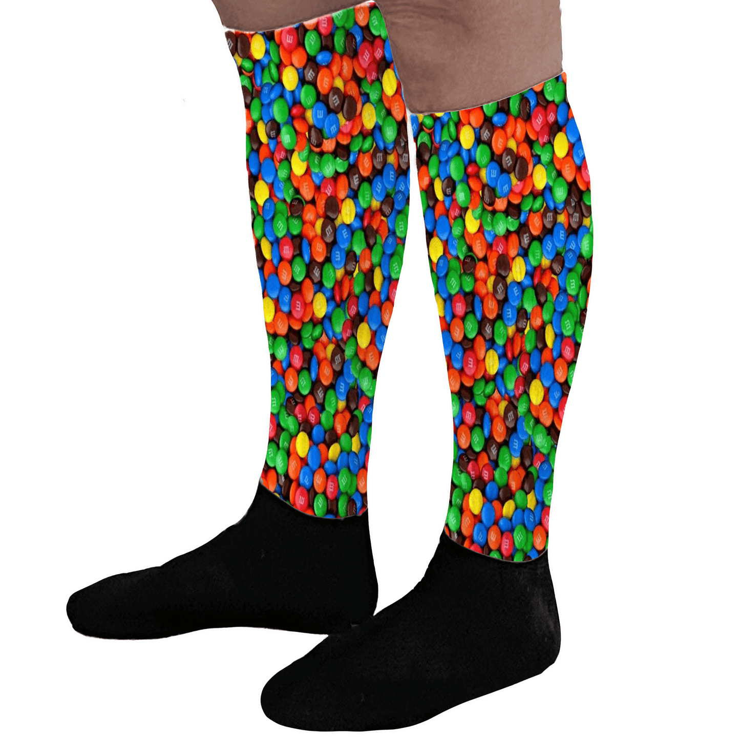 Colorful jelly bean patterned knee socks worn by a person on a white background