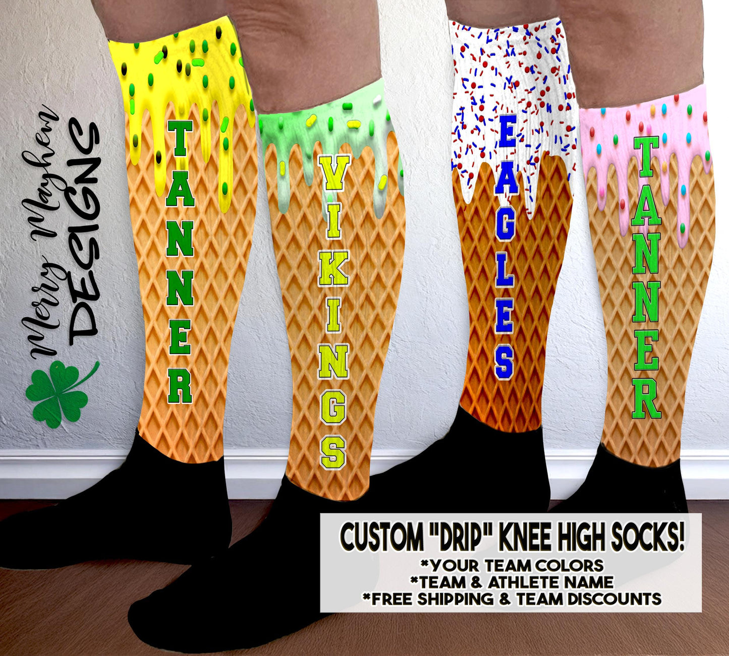 Personalized Ice Cream Drip Knee-High Socks - Custom Sports Team Gift - Knee High Sock, Father's Day Tournaments, Customized Dripping Base