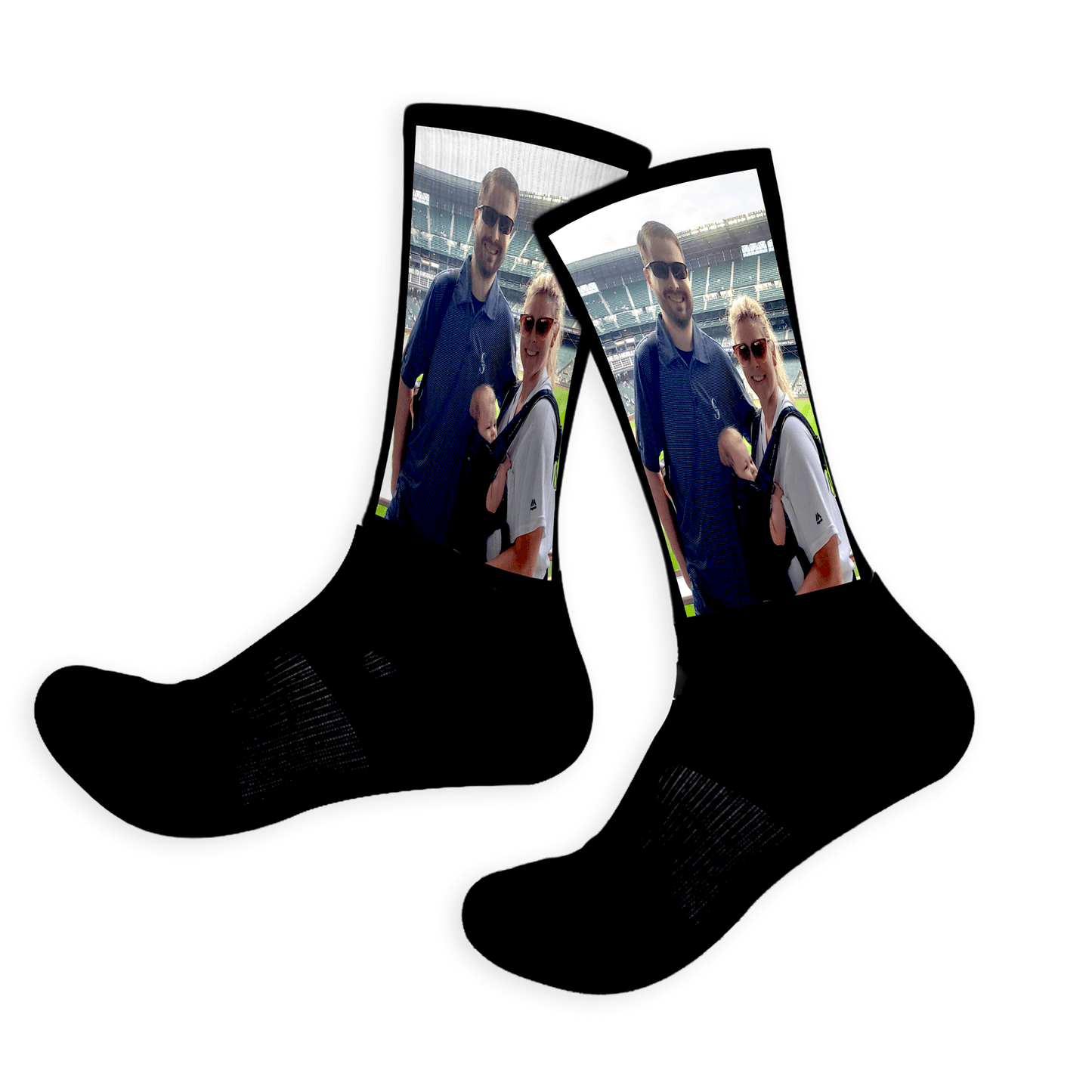 Black socks with a printed selfie design on a white background