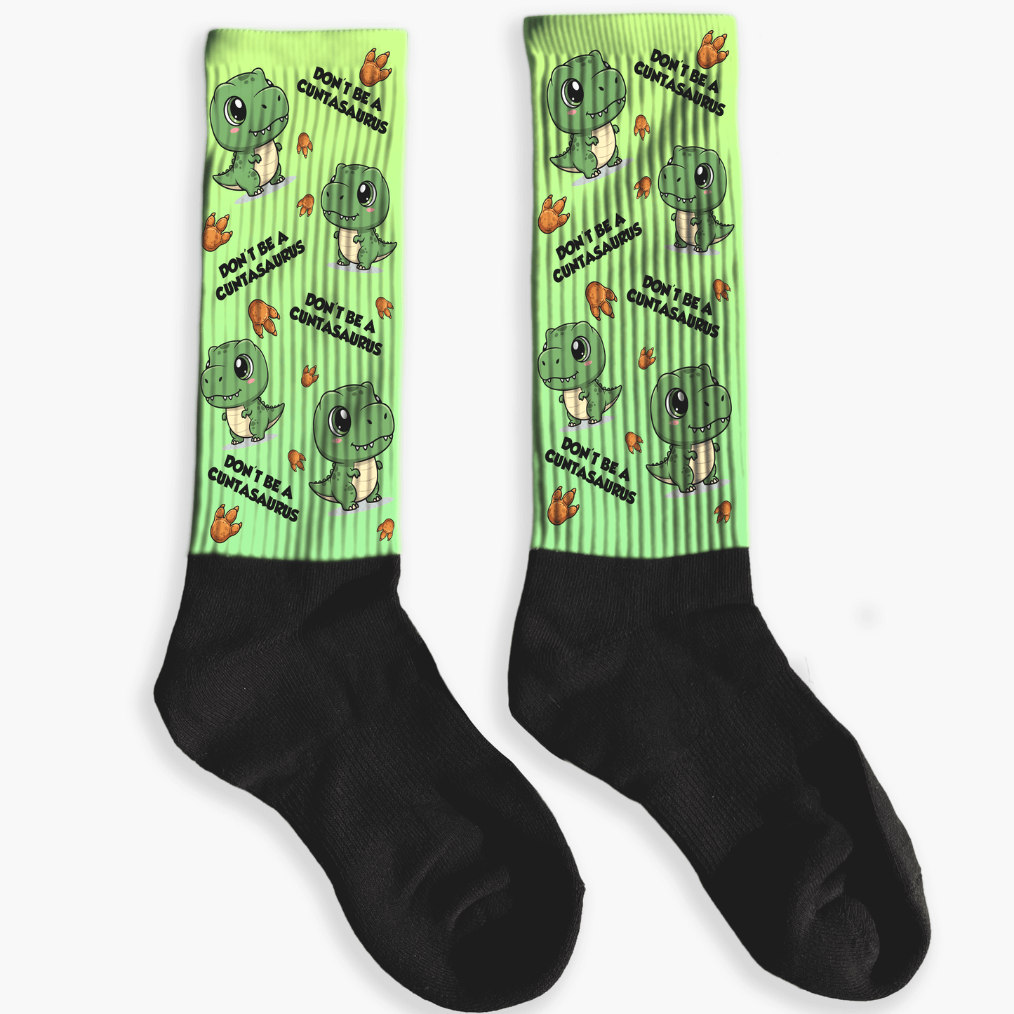pair of knee high socks with funny dinosaur