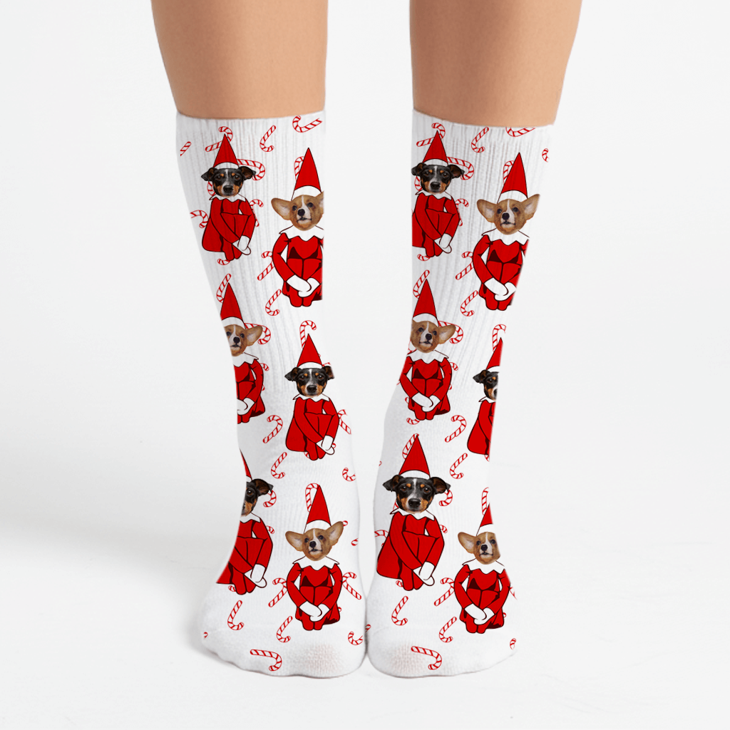 White socks with festive dog pattern on a white background