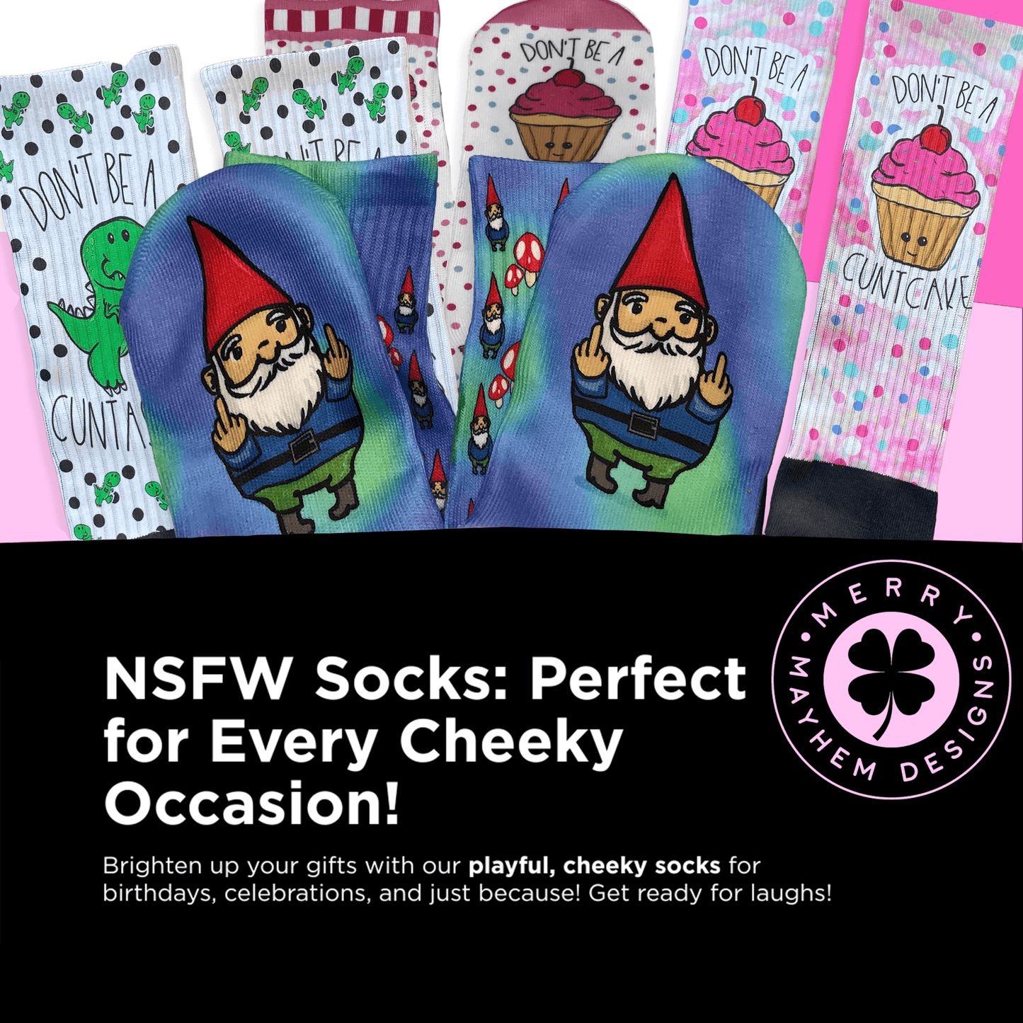 Shop our best-selling NSFW socks! Wild, cheeky designs for adults—perfect gag gifts for birthdays, Secret Santa, or just for laughs.
