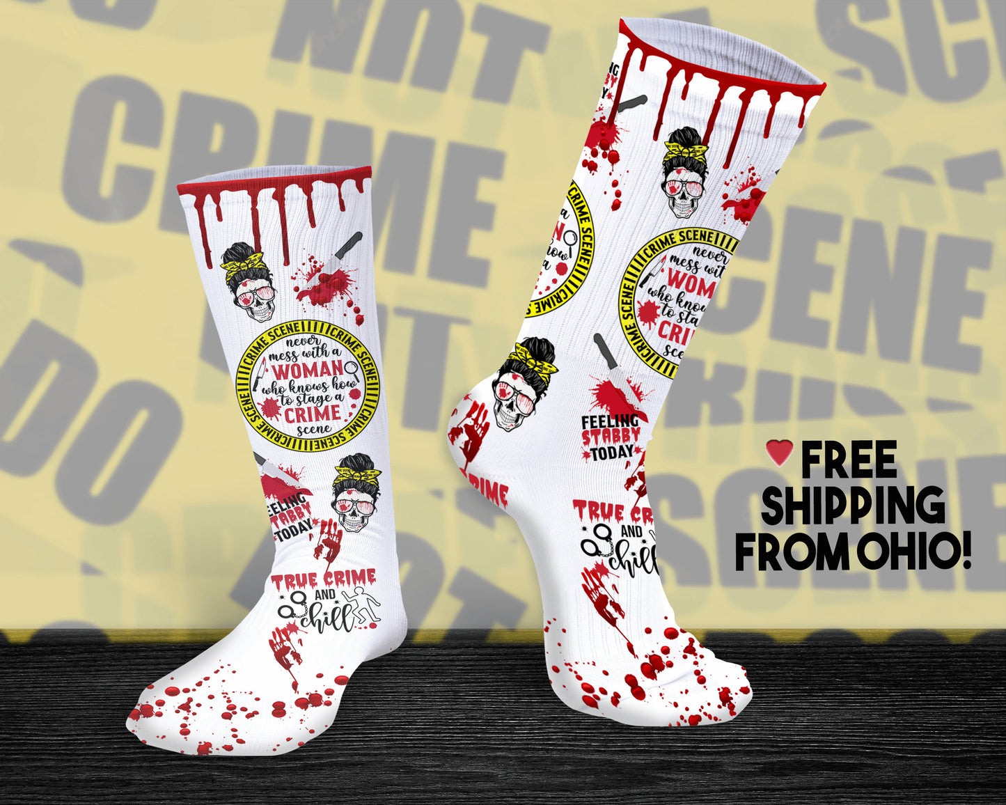 Womens Funny True Crime Gifts, Cute Partners in Crime Scene Fashion Socks, Crazy Crime Junkie Socks, Crime Show Best Friend Gift, BFF