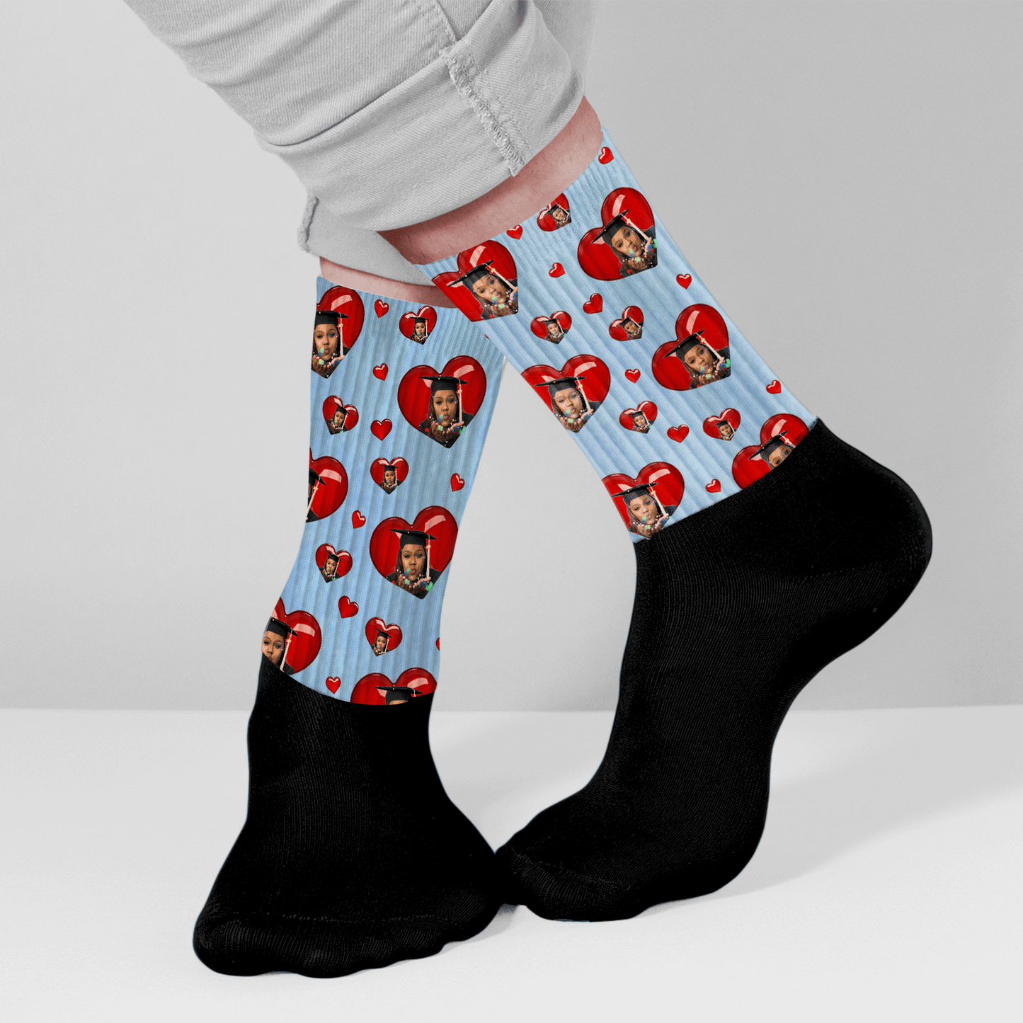 Personalized graduation crew socks with custom photo and heart pattern. Unique senior gift.