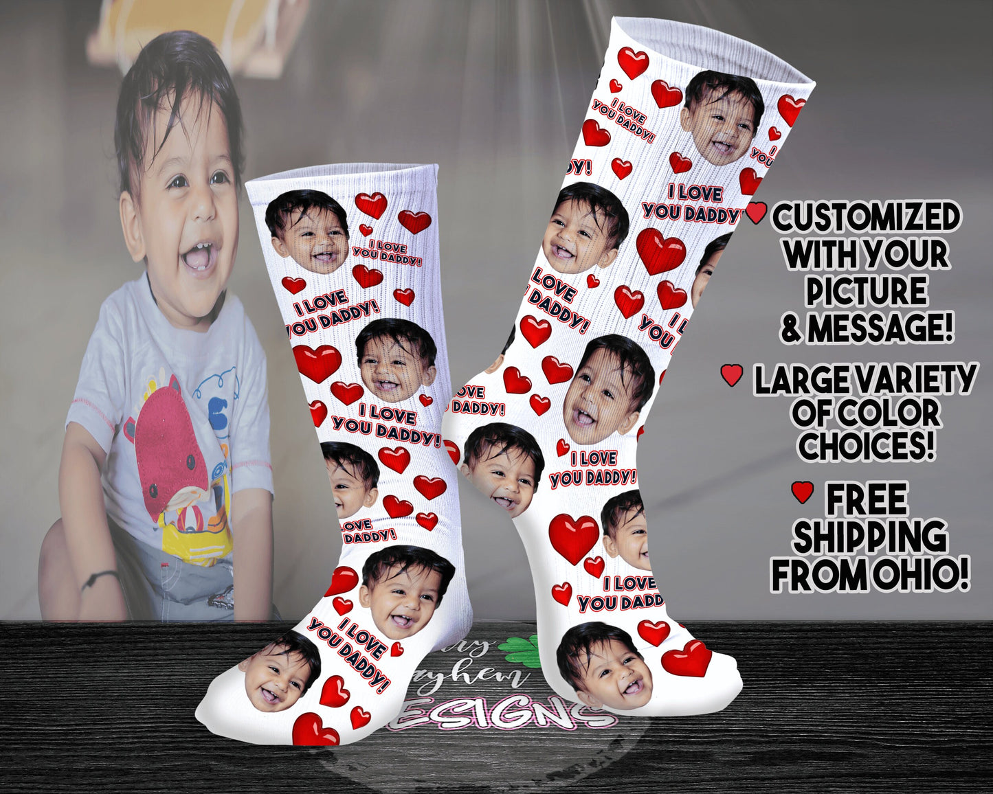Custom Faces Socks for Men, I Love You Daddy Personalized Gift for Dad, Your Son or Daughter on Socks for Grandpa or Papa, Grandparent's Day