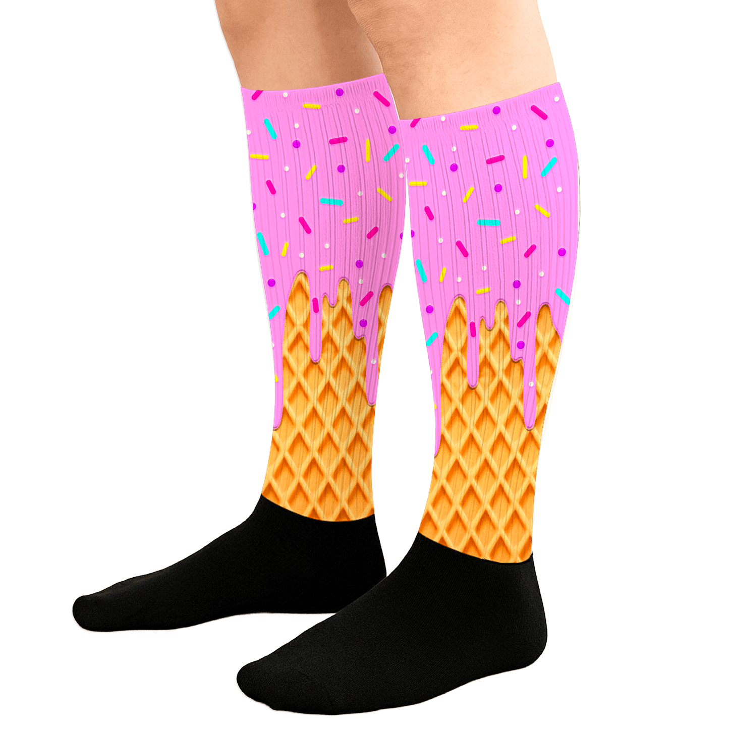 Pink ice cream cone socks with colorful sprinkles on a white background