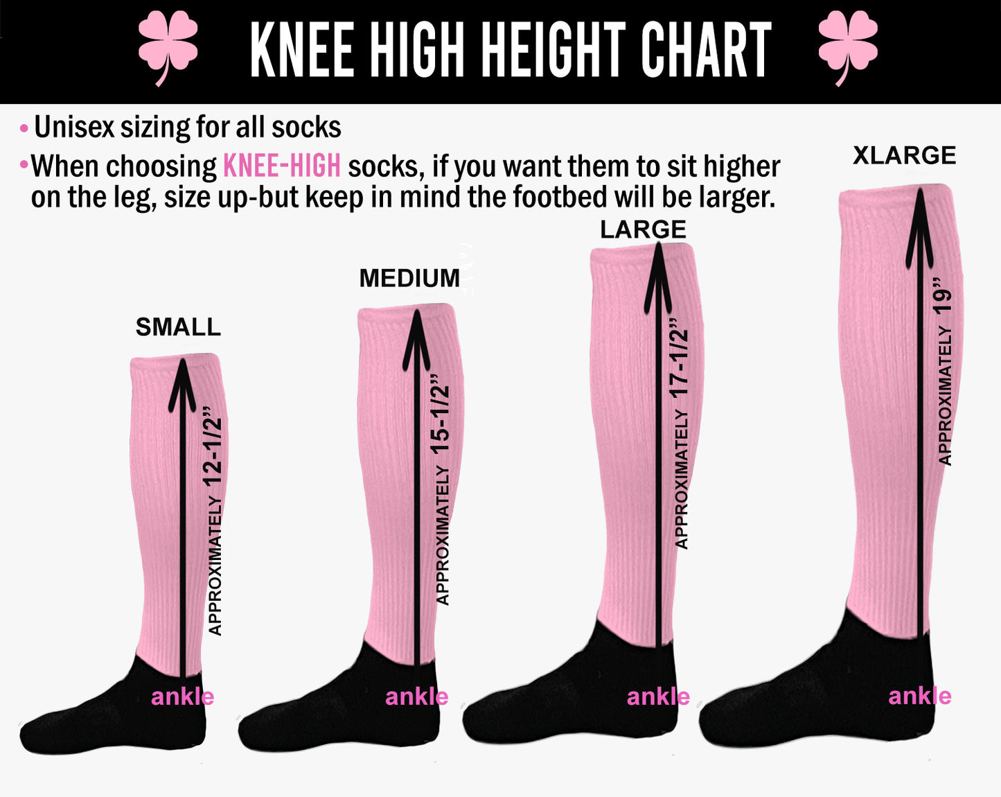 Knee-high sock height chart with pink socks and measurements.