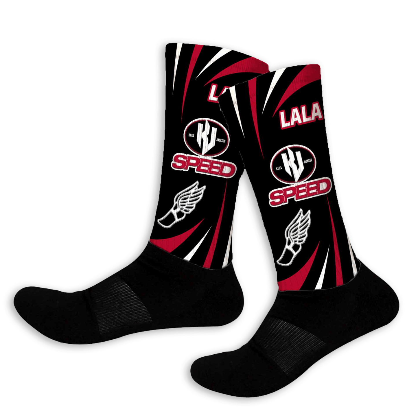 Black socks with red and white designs on a white background