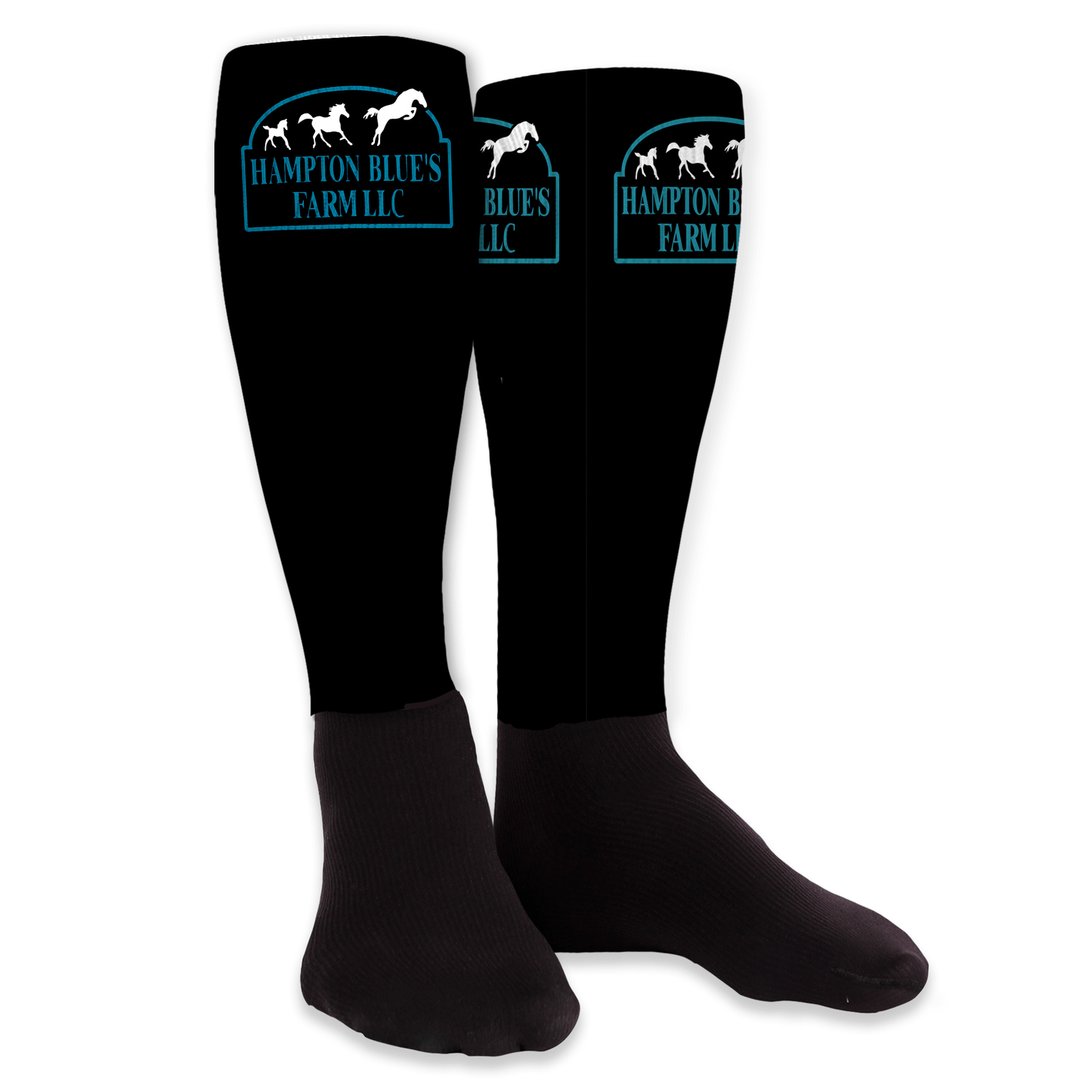 Black knee-high socks with 'Hampton Blues Farm LLC' logo on a white background