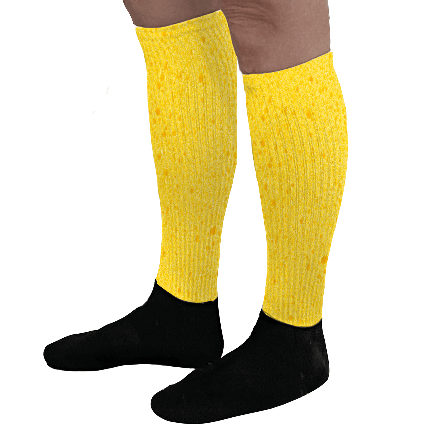 Yellow knee-high socks with sponge pattern on a white background