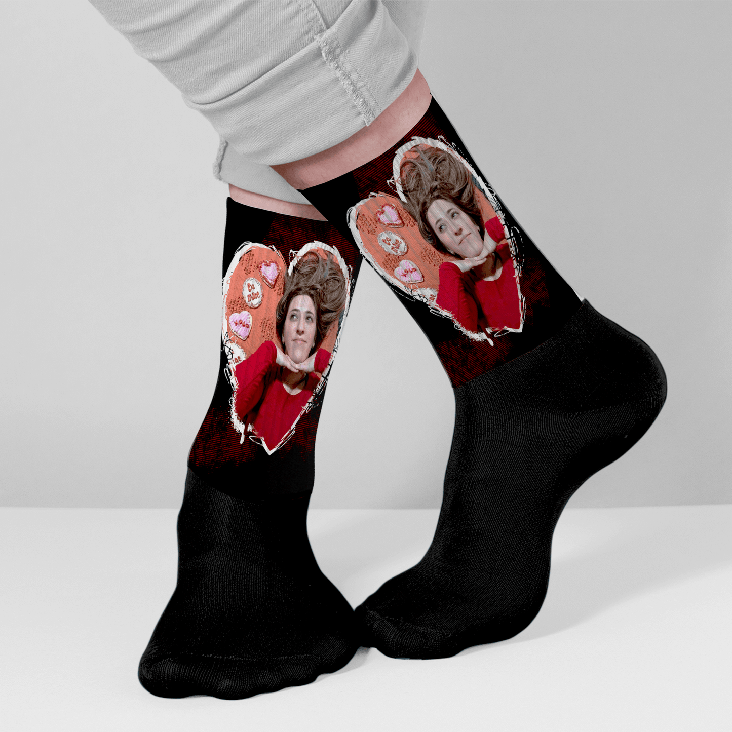 Custom photo socks with love heart design. Personalized Valentine’s, wedding, or Sweetest Day gift.