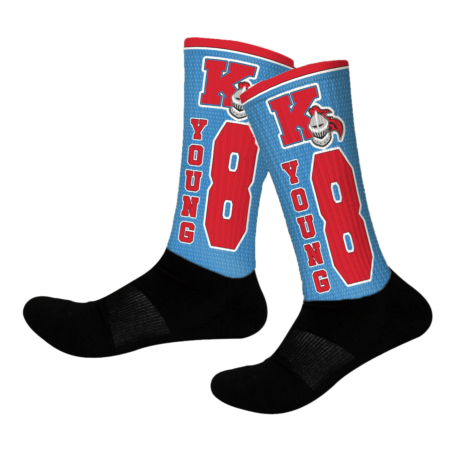 Custom light blue and red crew socks with team mascot/logo, player number, and personalized team name.