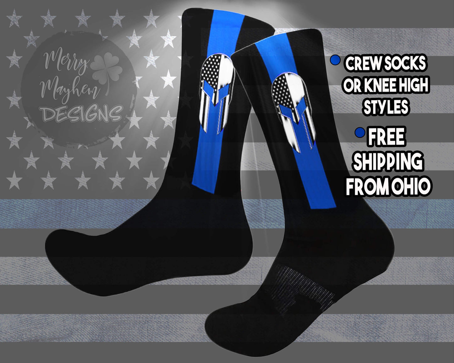 Molon Labe Novelty Knee High Socks for Law Enforcement, Gift for Police Officer, Back the Blue, Police Support, Blue Line Athletic Crew Sock