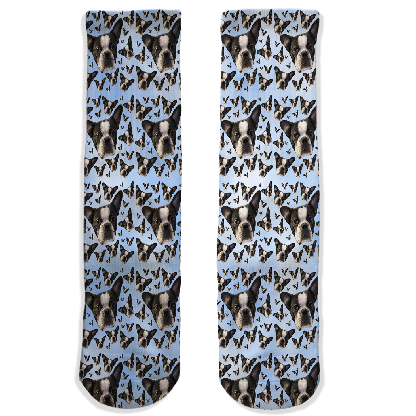 Custom crew socks with all-over face photo and background color. Personalized gift for friends or pet lovers.