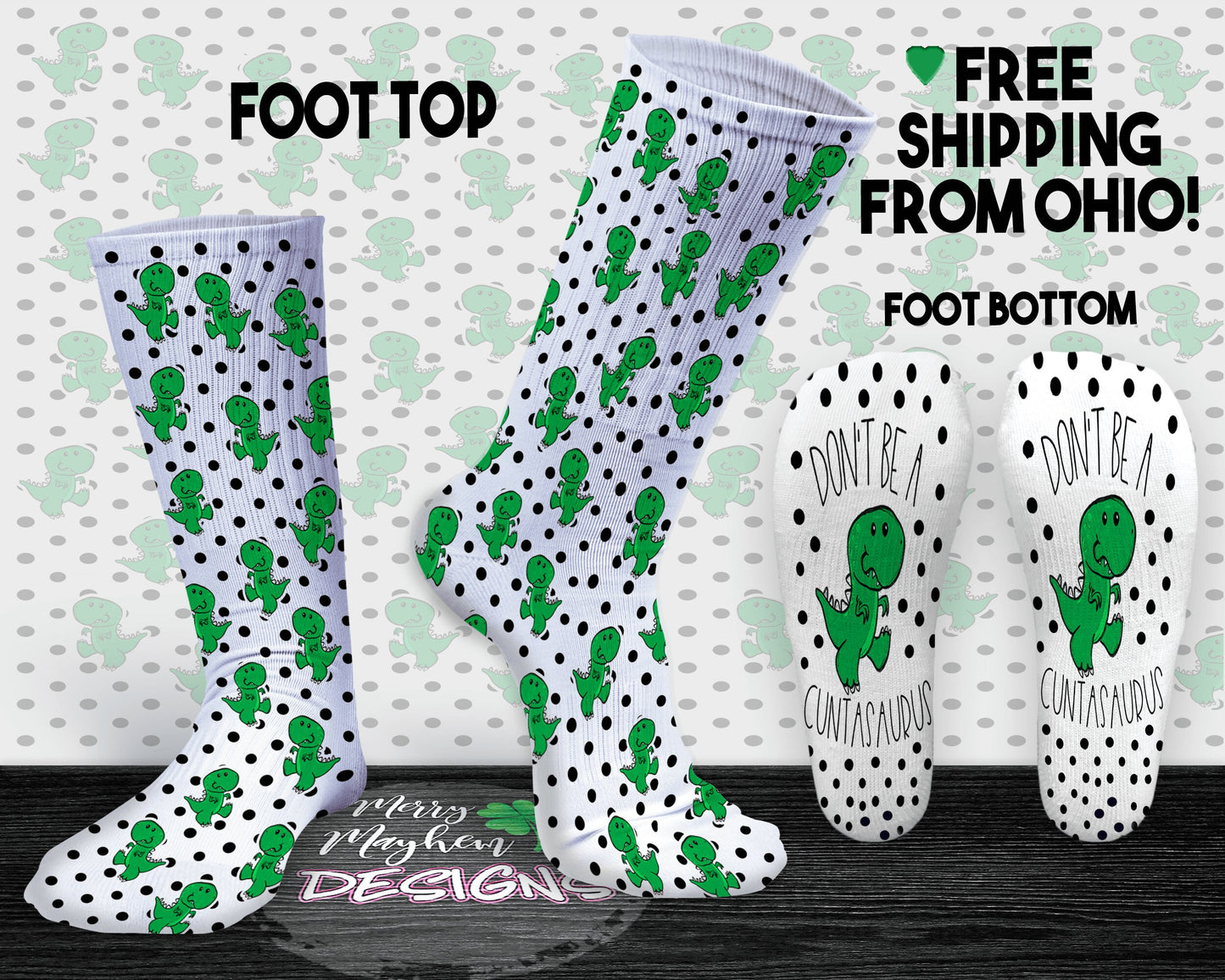 Custom Printed Don't Be A Cuntasaurus Funny Dinosaur Fashion Socks with Sayings, Rude White Elephant or Gag Gift Idea, Secret Sister Santa