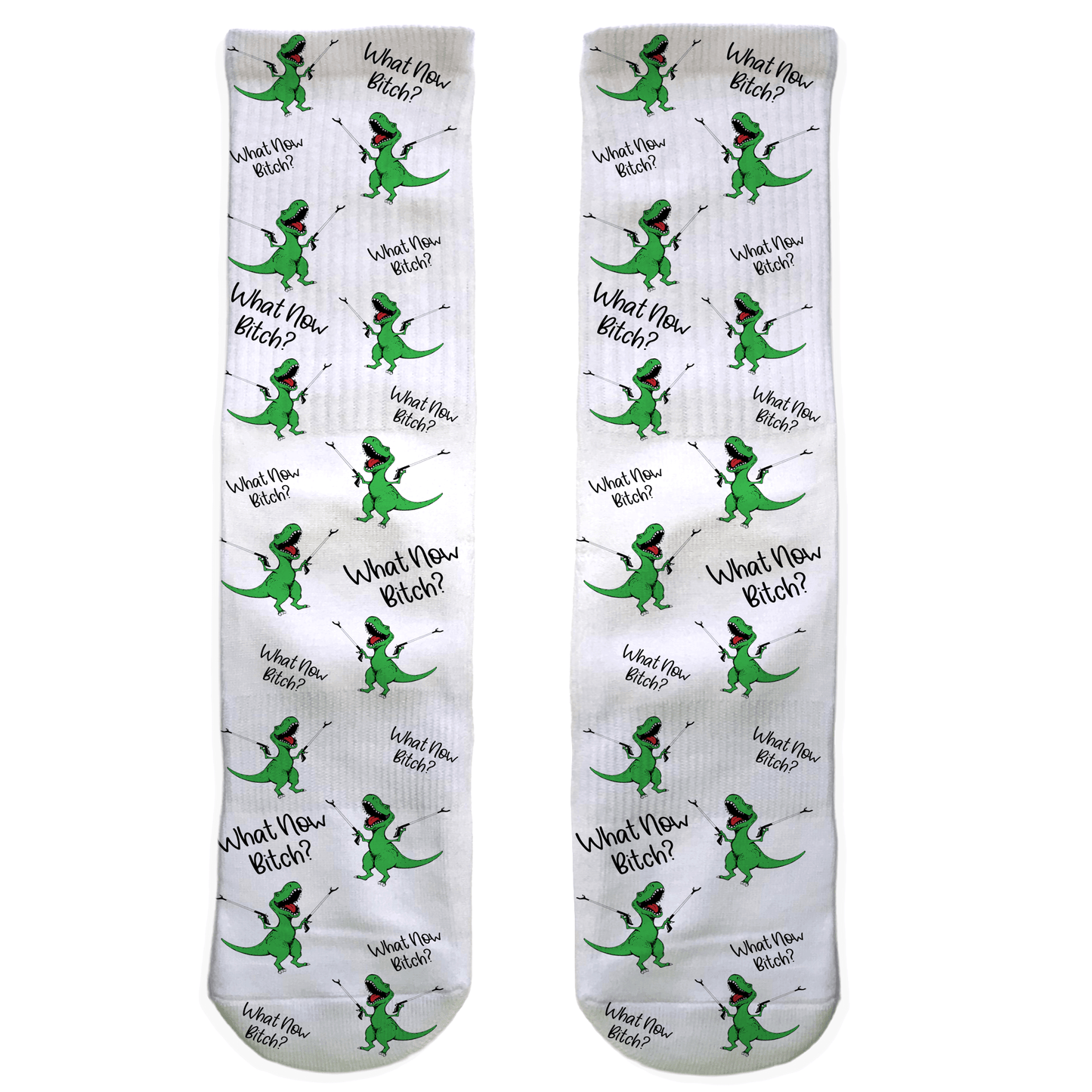 Pair of socks with green dinosaur illustrations and text on a white background