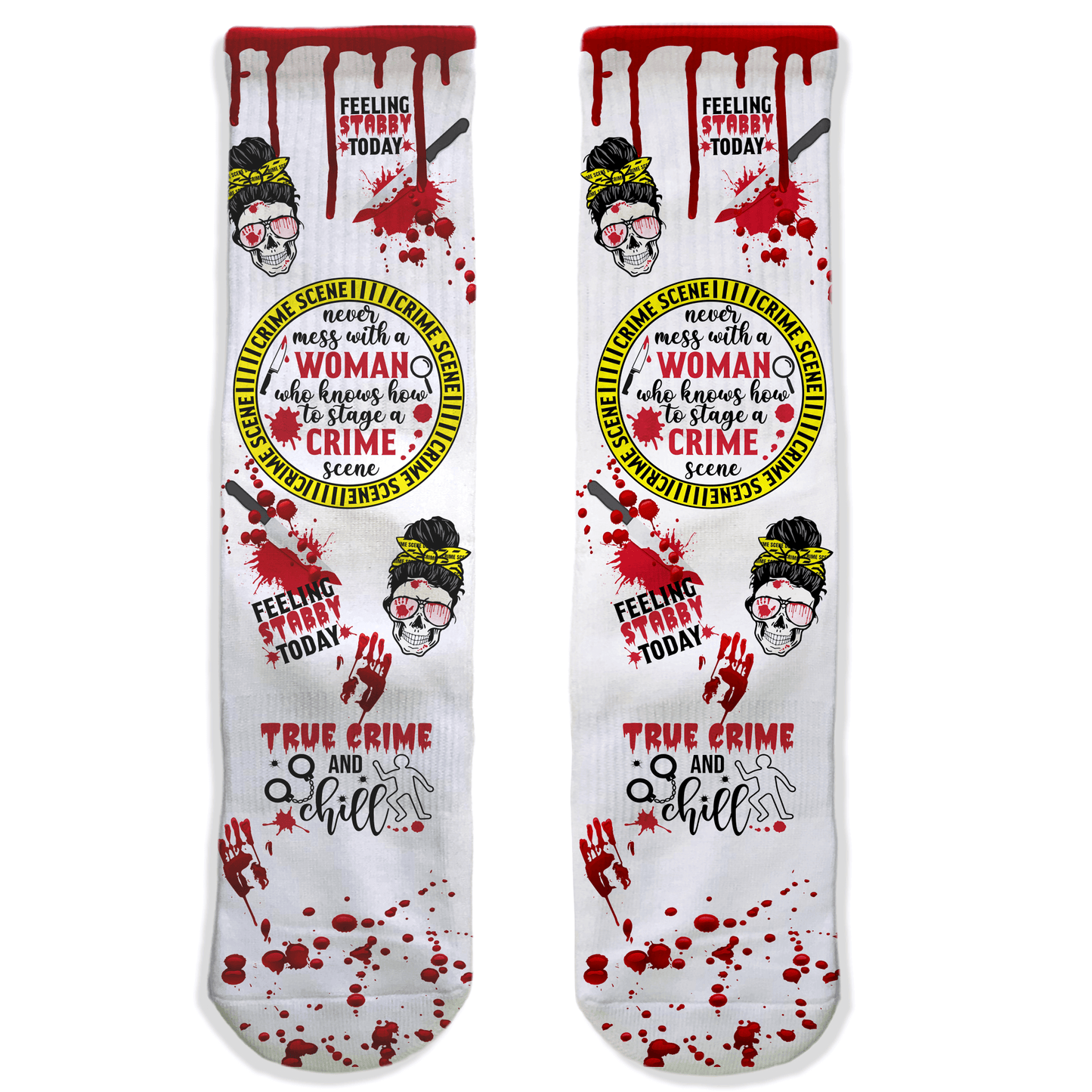 Pair of socks with a graphic design featuring text and a woman's face, on a white background.